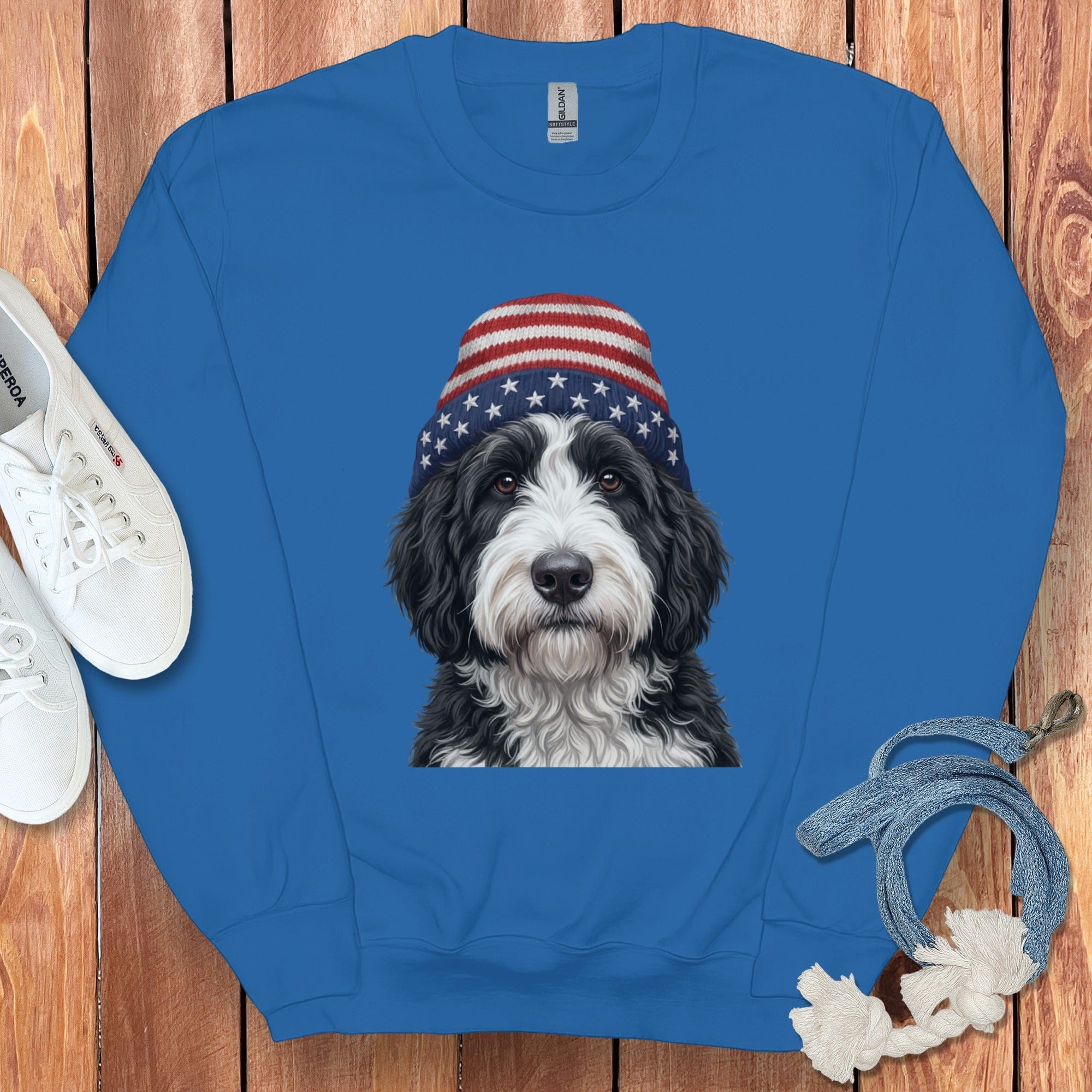 Sheepadoodle Patriotic Cap Sweatshirt in Royal / M / Sweatshirts #1 by Puppy Jo