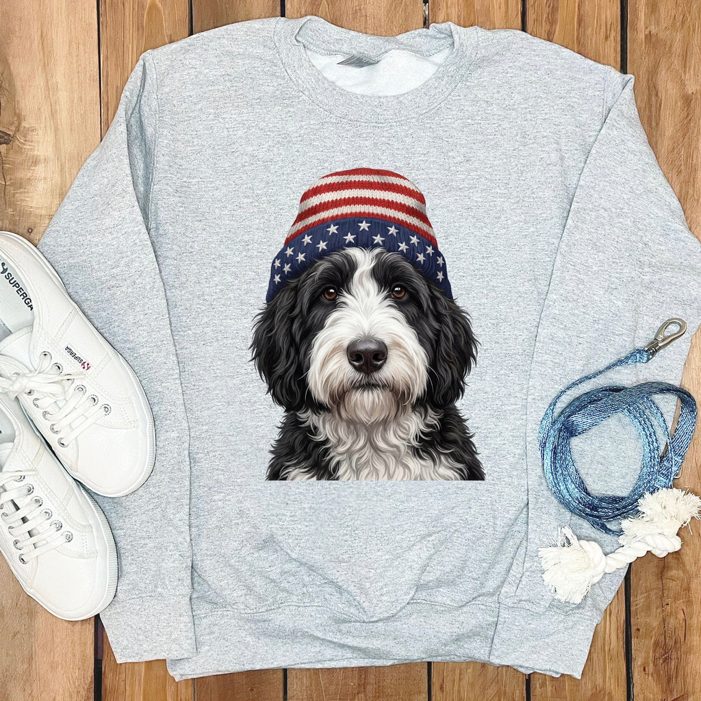 Sheepadoodle Patriotic Cap Sweatshirt in Sport Grey / M / Sweatshirts by Puppy Jo