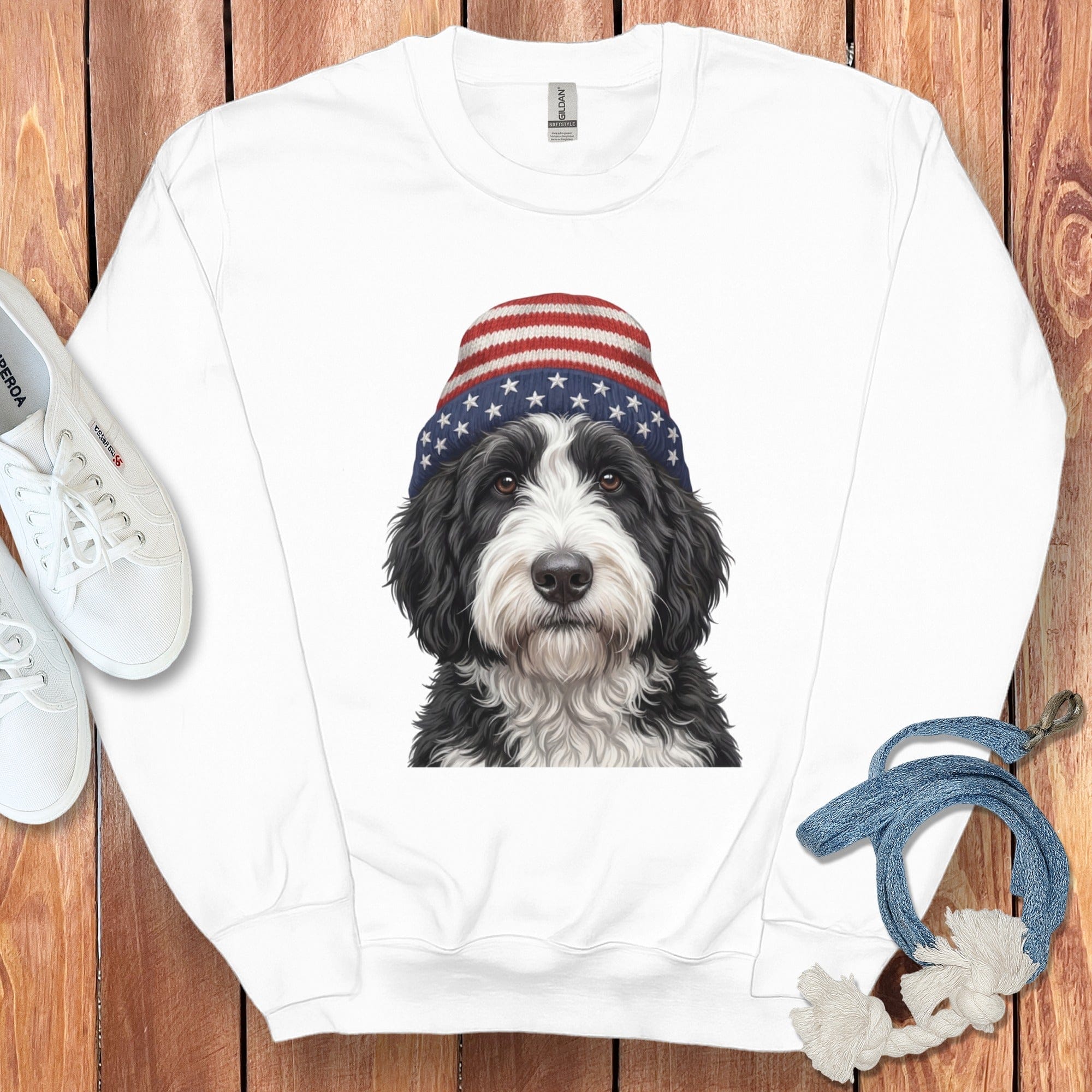 Sheepadoodle Patriotic Cap Sweatshirt in White / M / Sweatshirts by Puppy Jo