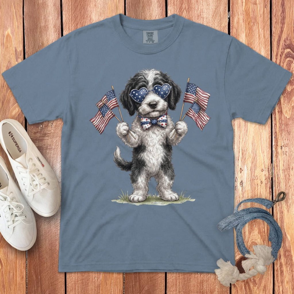 Sheepadoodle Patriotic Celebration Signature T-Shirt in Blue Jean / S by Puppy Jo