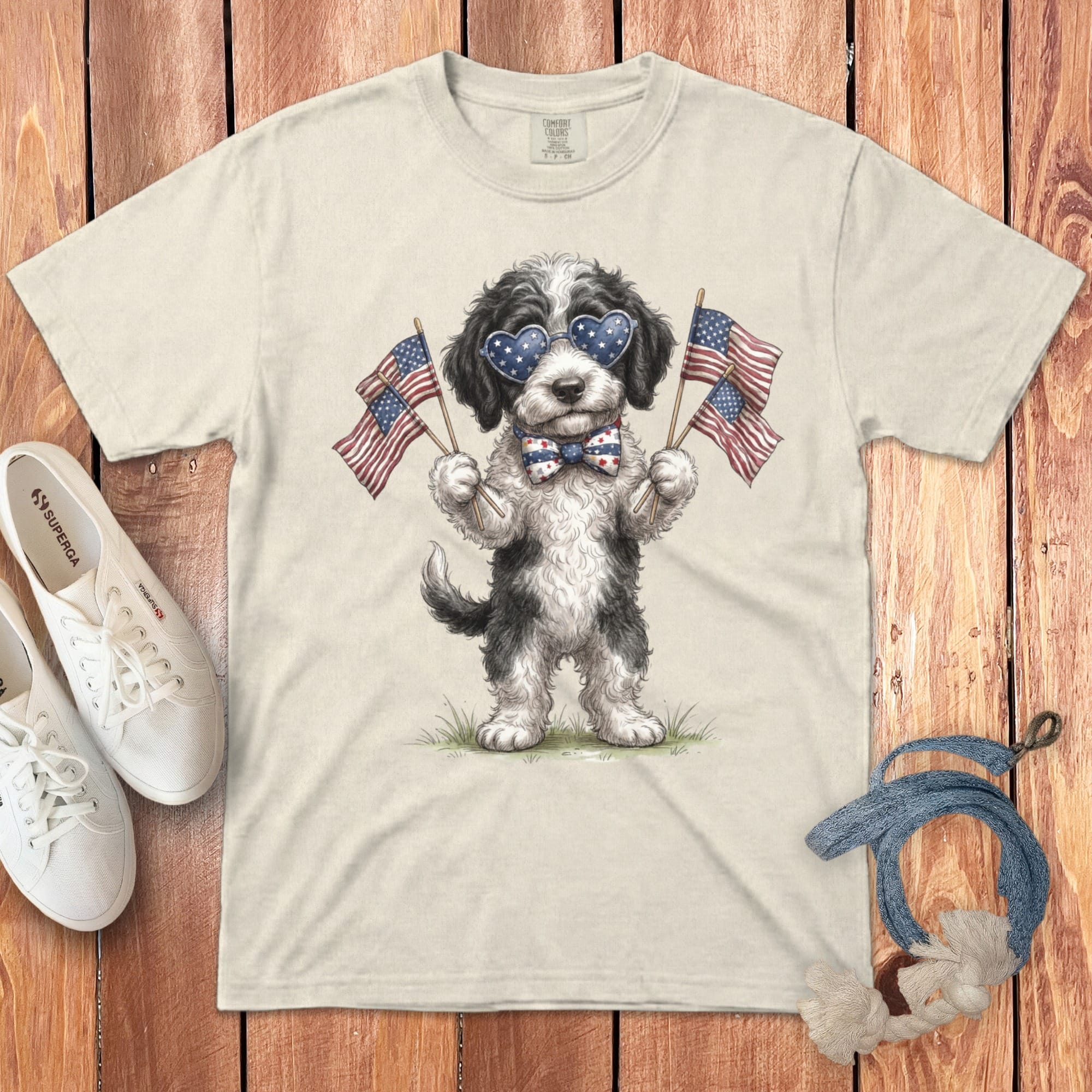Sheepadoodle Patriotic Celebration Signature T-Shirt in Ivory / S by Puppy Jo