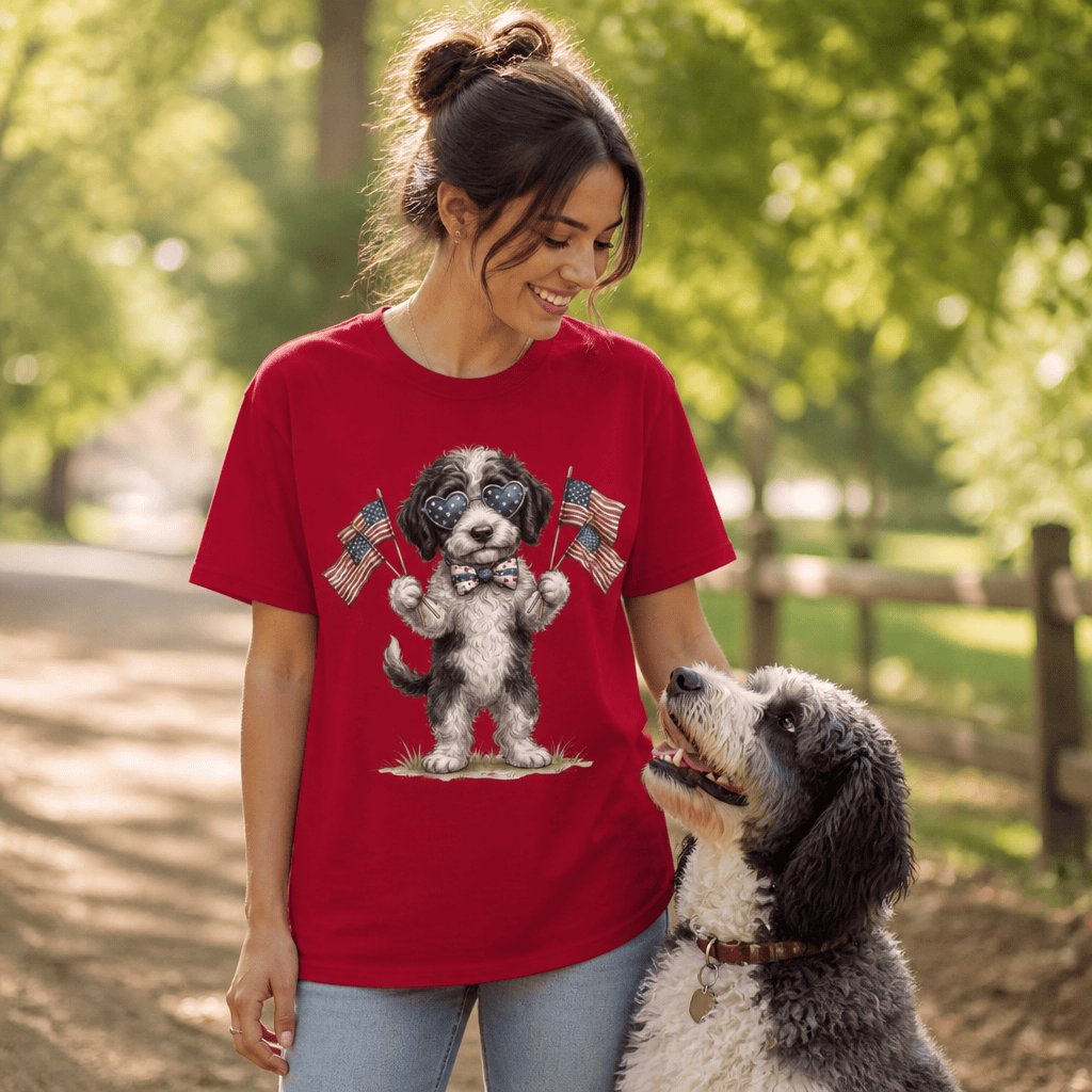 Sheepadoodle Patriotic Celebration Signature T-Shirt in by Puppy Jo