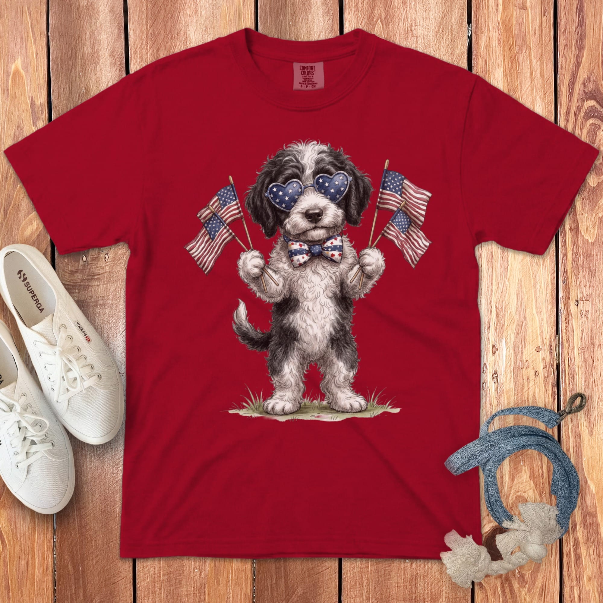 Sheepadoodle Patriotic Celebration Signature T-Shirt in Red / S by Puppy Jo