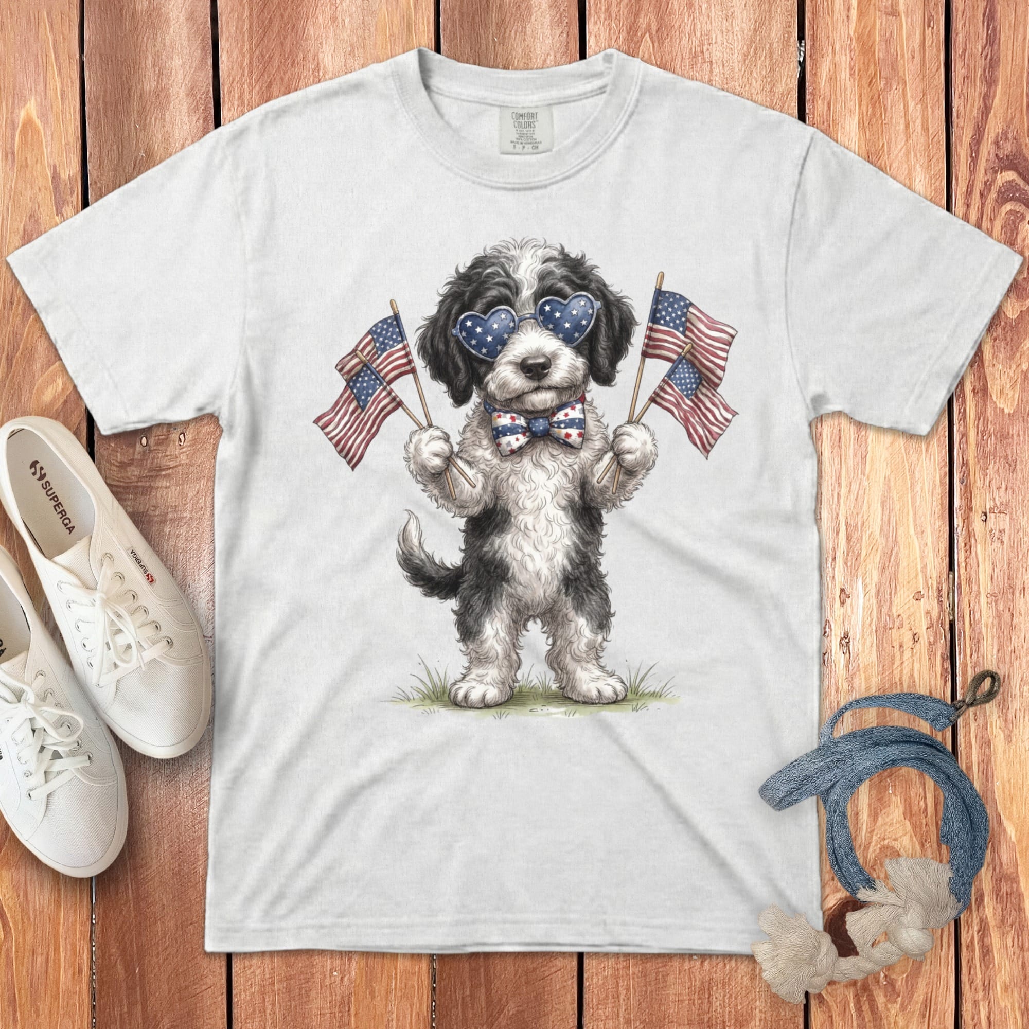 Sheepadoodle Patriotic Celebration Signature T-Shirt in White / S by Puppy Jo