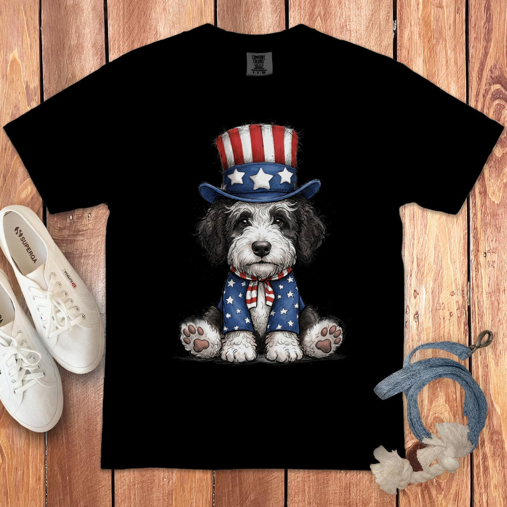Sheepadoodle Patriotic Hat Signature T-Shirt in Black / S by Puppy Jo