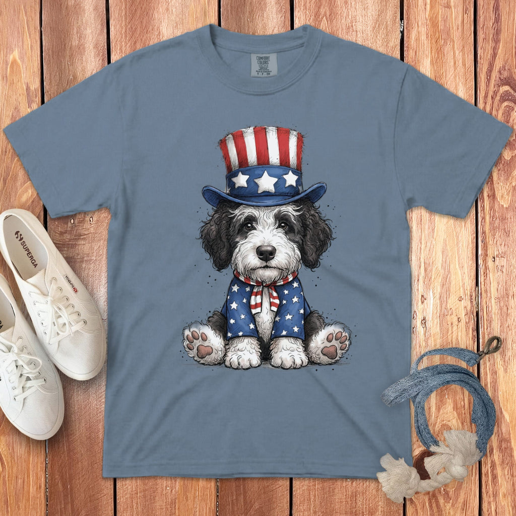Sheepadoodle Patriotic Hat Signature T-Shirt in Blue Jean / S by Puppy Jo