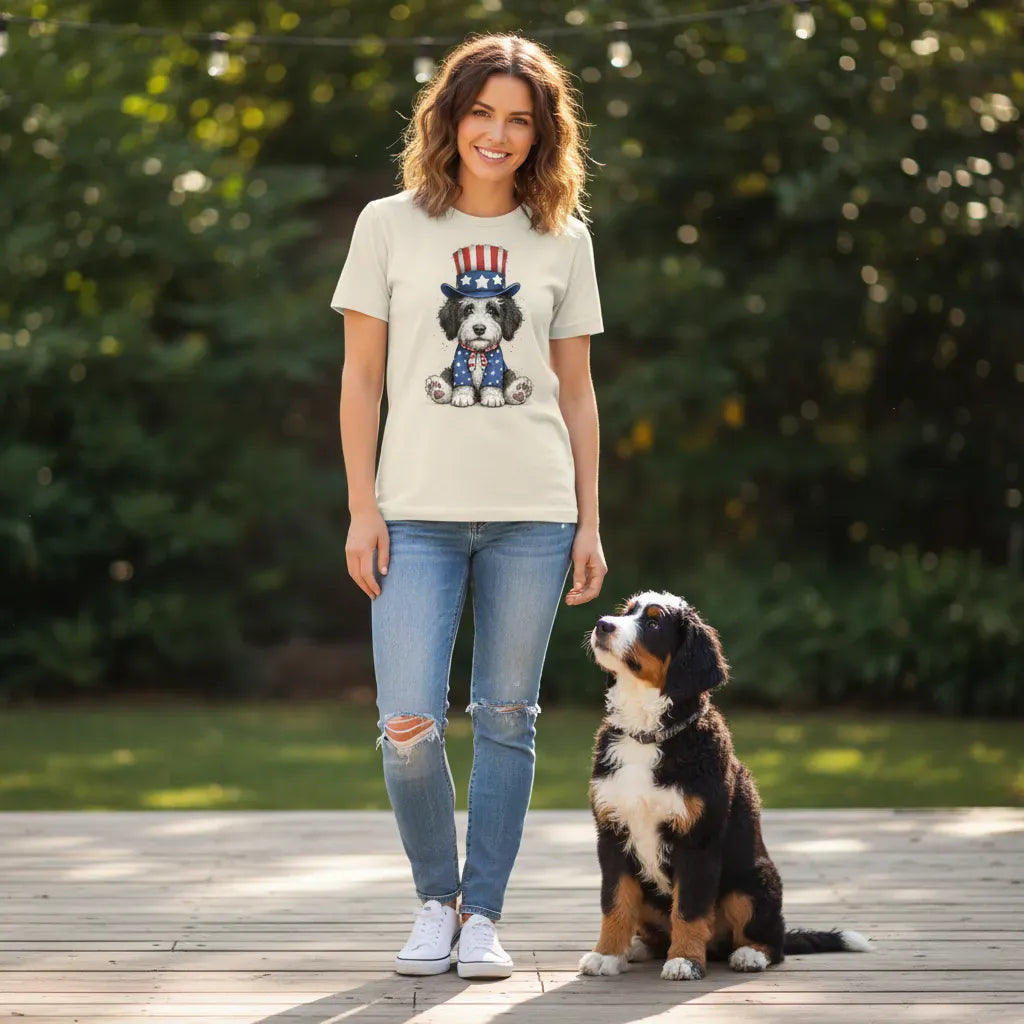 Sheepadoodle Patriotic Hat Signature T-Shirt in by Puppy Jo