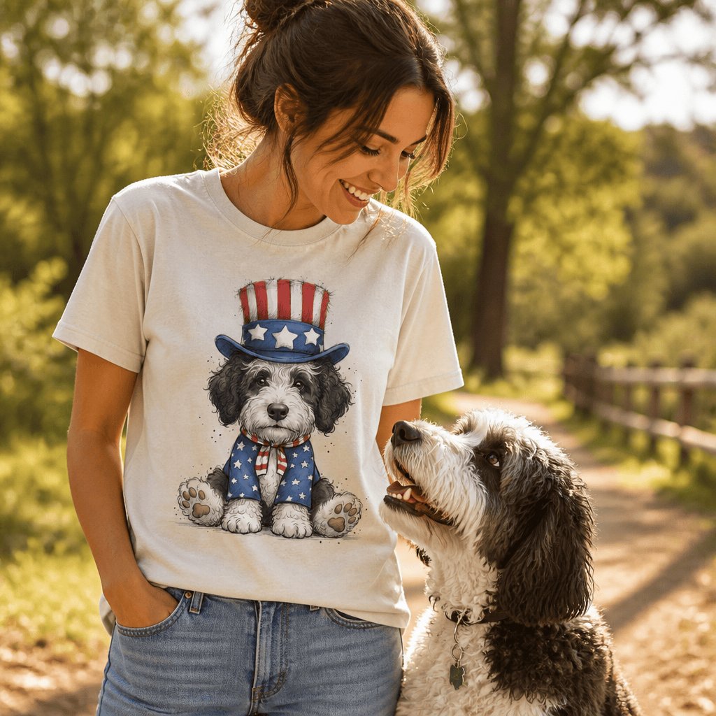 Sheepadoodle Patriotic Hat Signature T-Shirt in by Puppy Jo