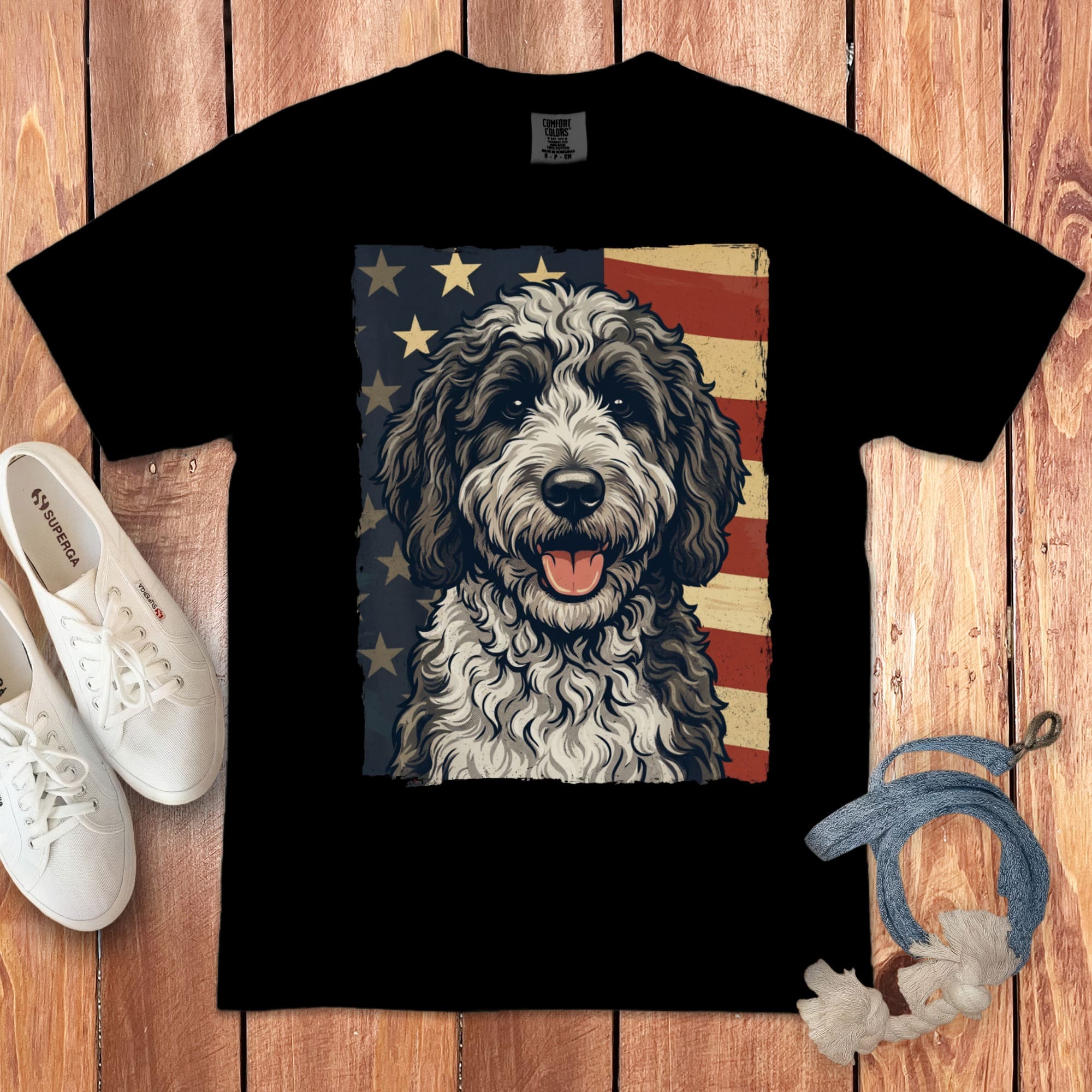 Sheepadoodle Patriotic Signature T-Shirt in Black / S by Puppy Jo