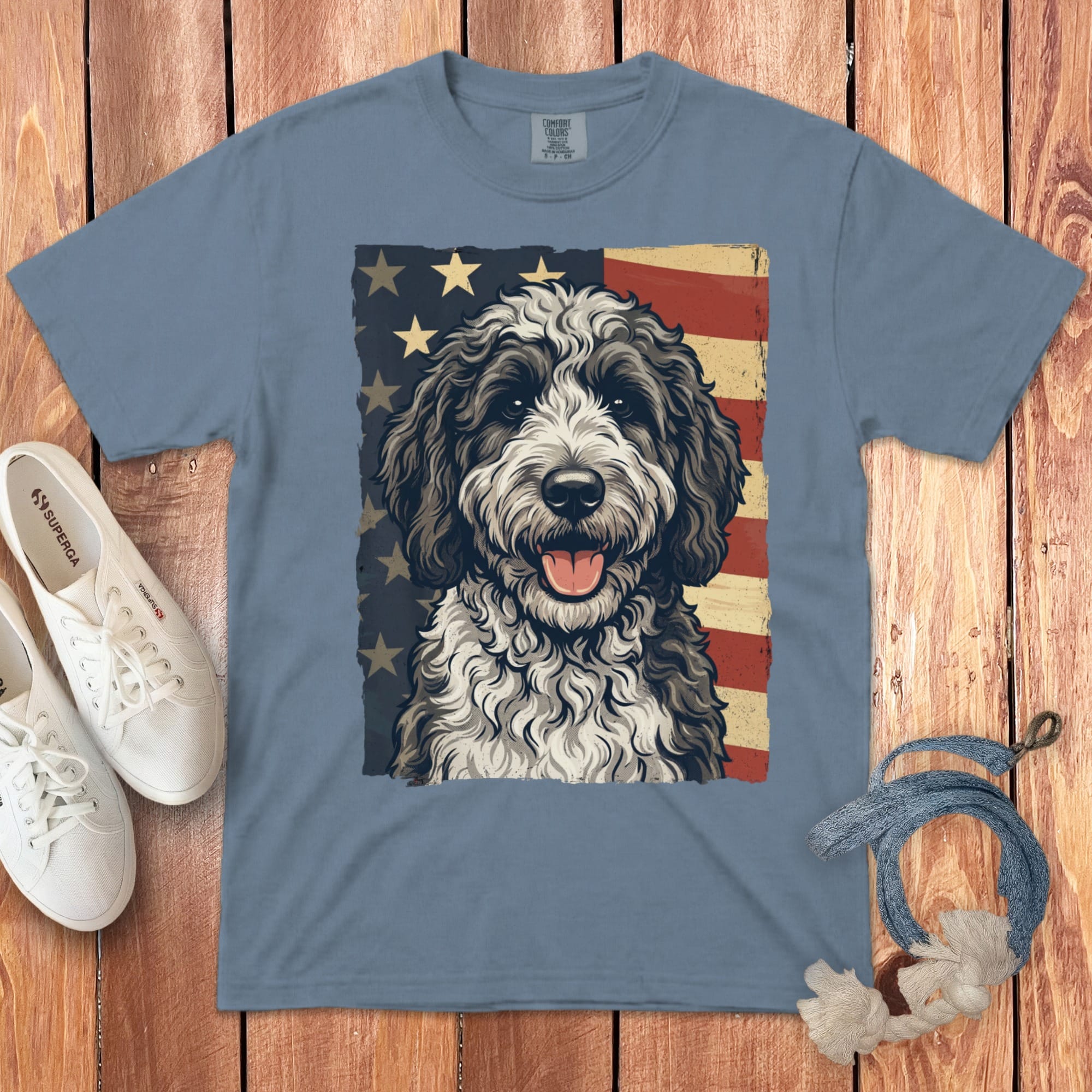Sheepadoodle Patriotic Signature T-Shirt in Blue Jean / S by Puppy Jo