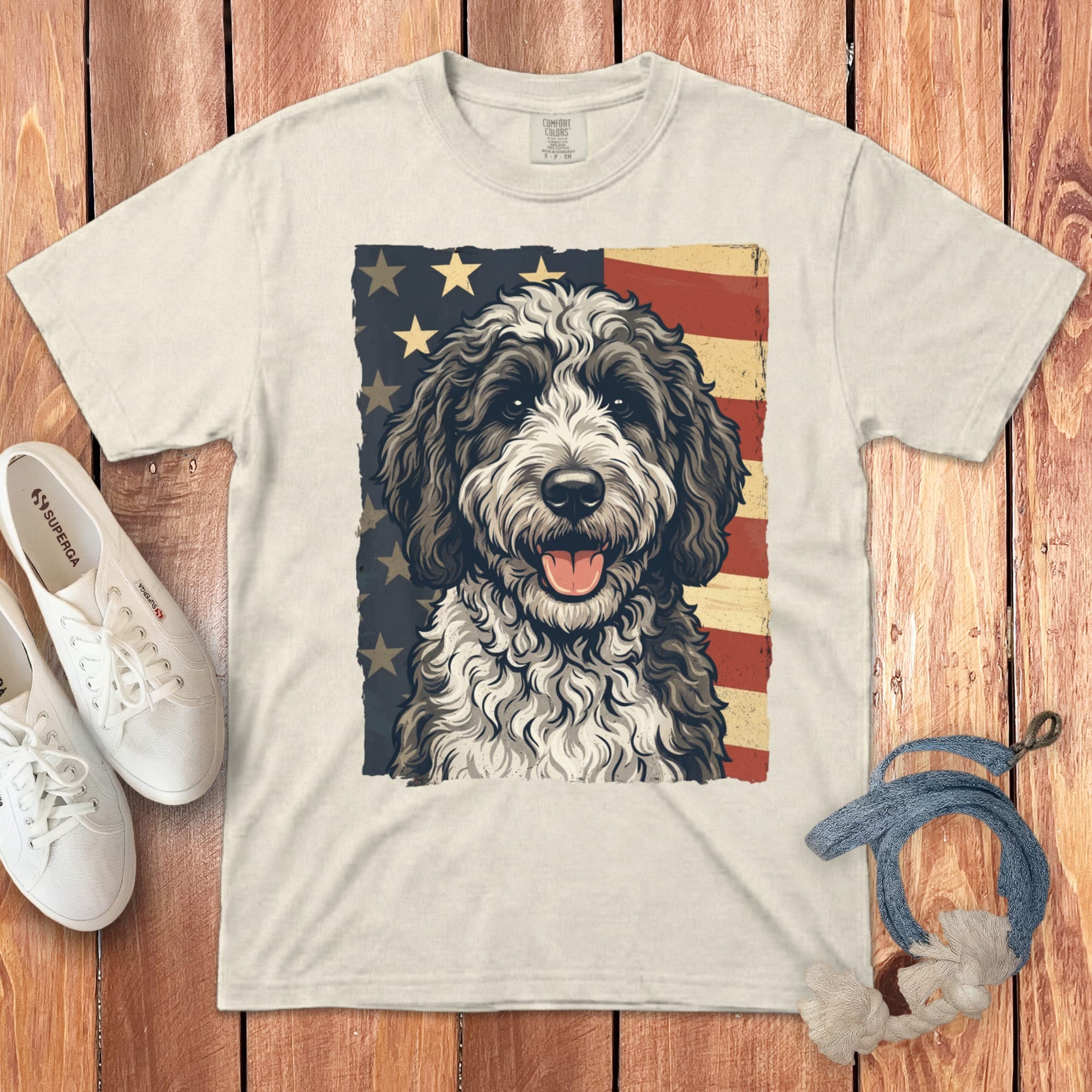 Sheepadoodle Patriotic Signature T-Shirt in Ivory / S by Puppy Jo