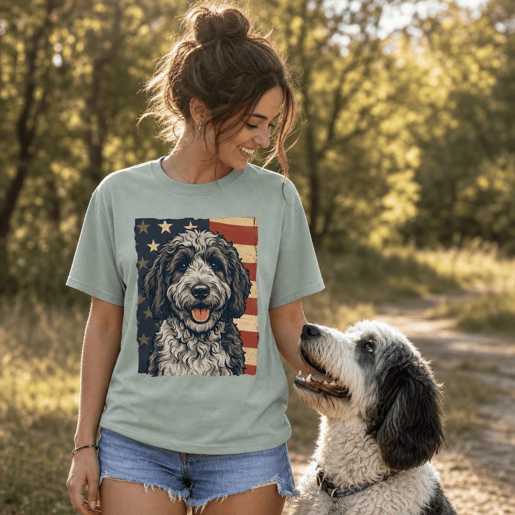 Sheepadoodle Patriotic Signature T-Shirt in by Puppy Jo