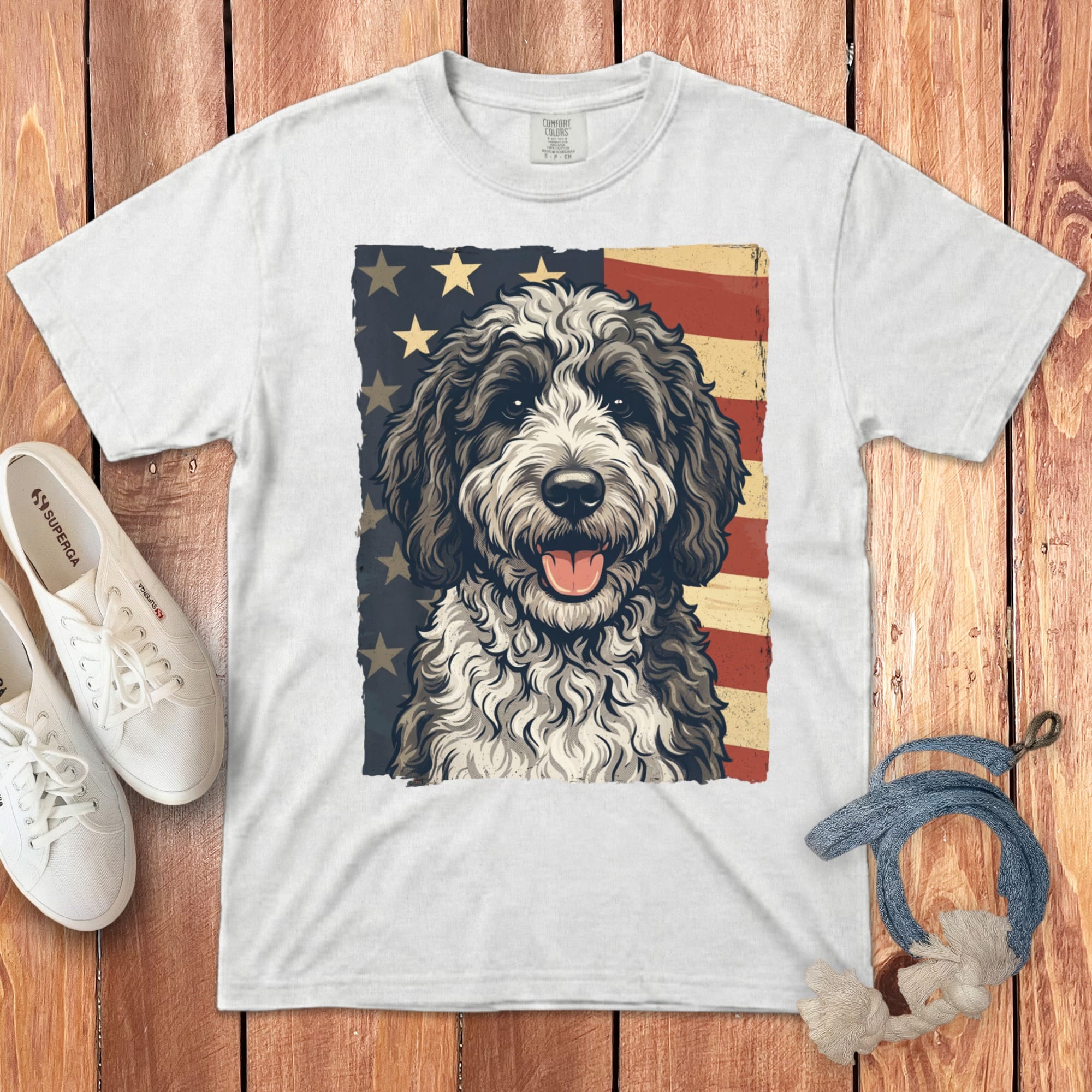 Sheepadoodle Patriotic Signature T-Shirt in White / S by Puppy Jo