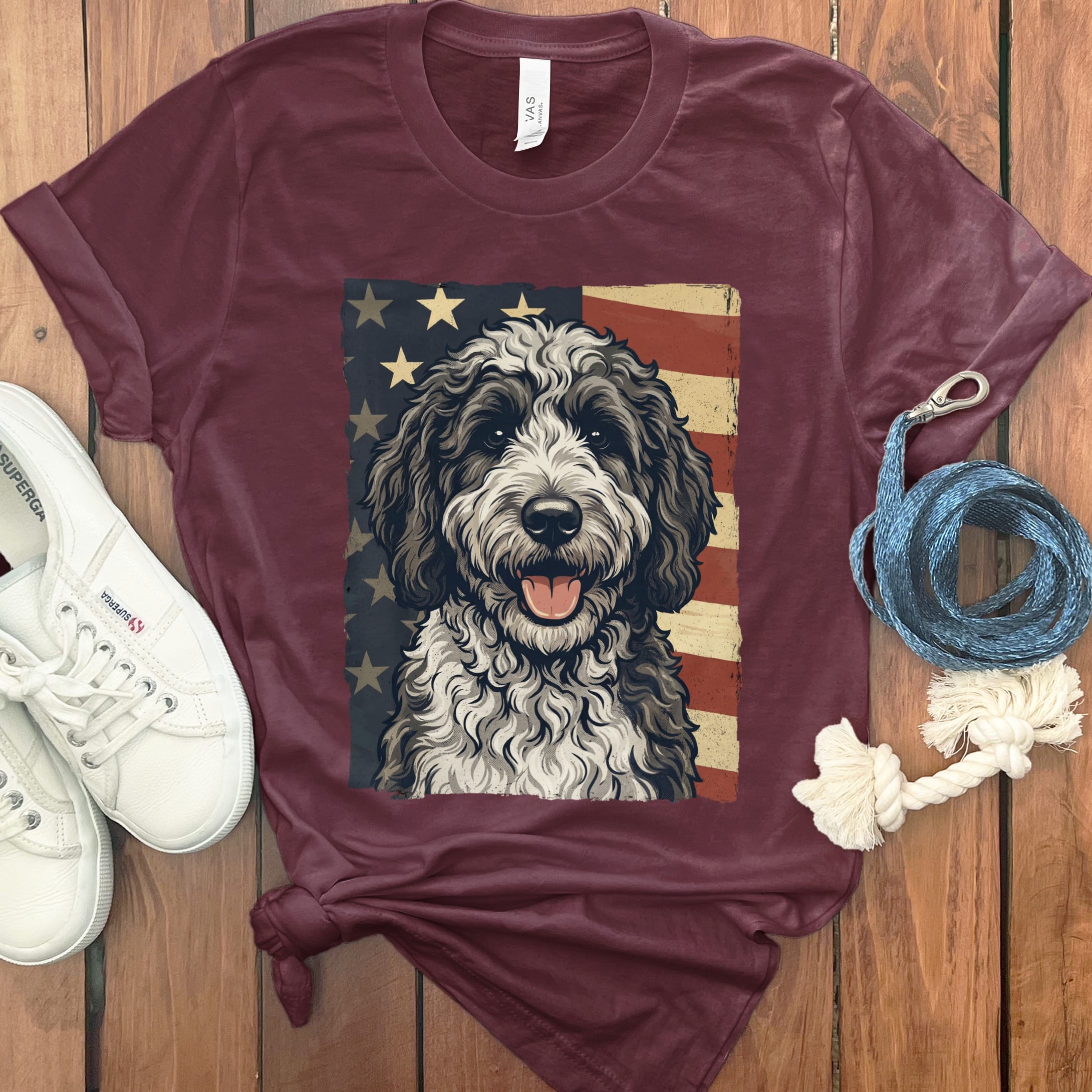 Sheepadoodle Patriotic T-Shirt in Maroon / S by Puppy Jo