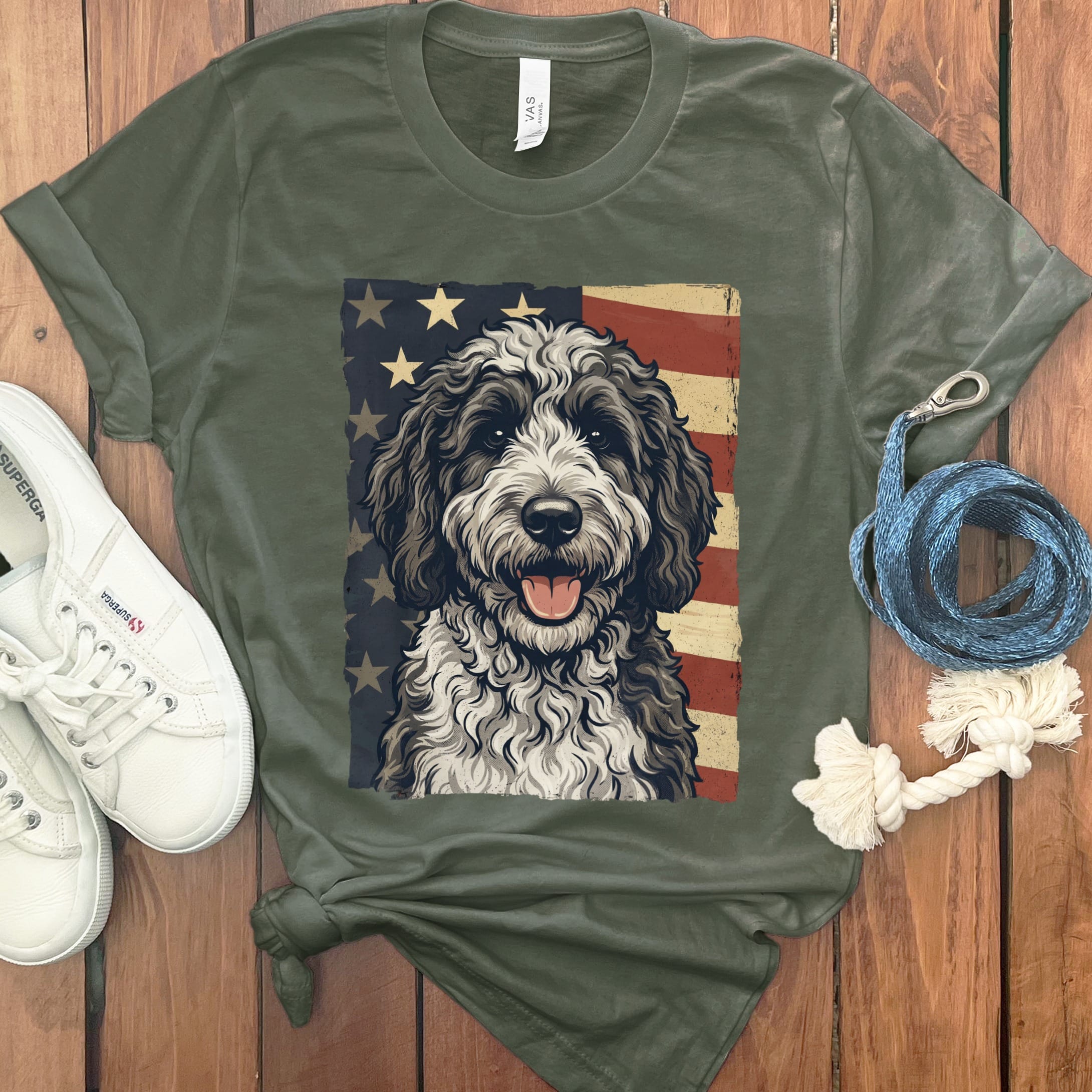Sheepadoodle Patriotic T-Shirt in Military Green / S by Puppy Jo