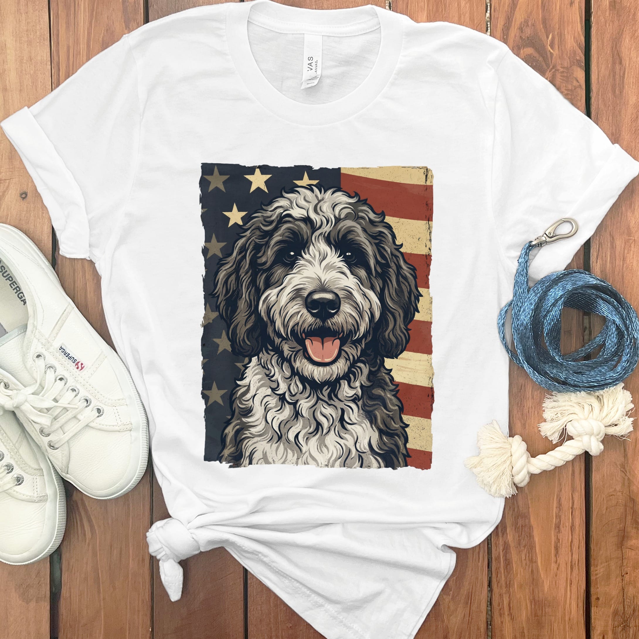 Sheepadoodle Patriotic T-Shirt in White / S by Puppy Jo
