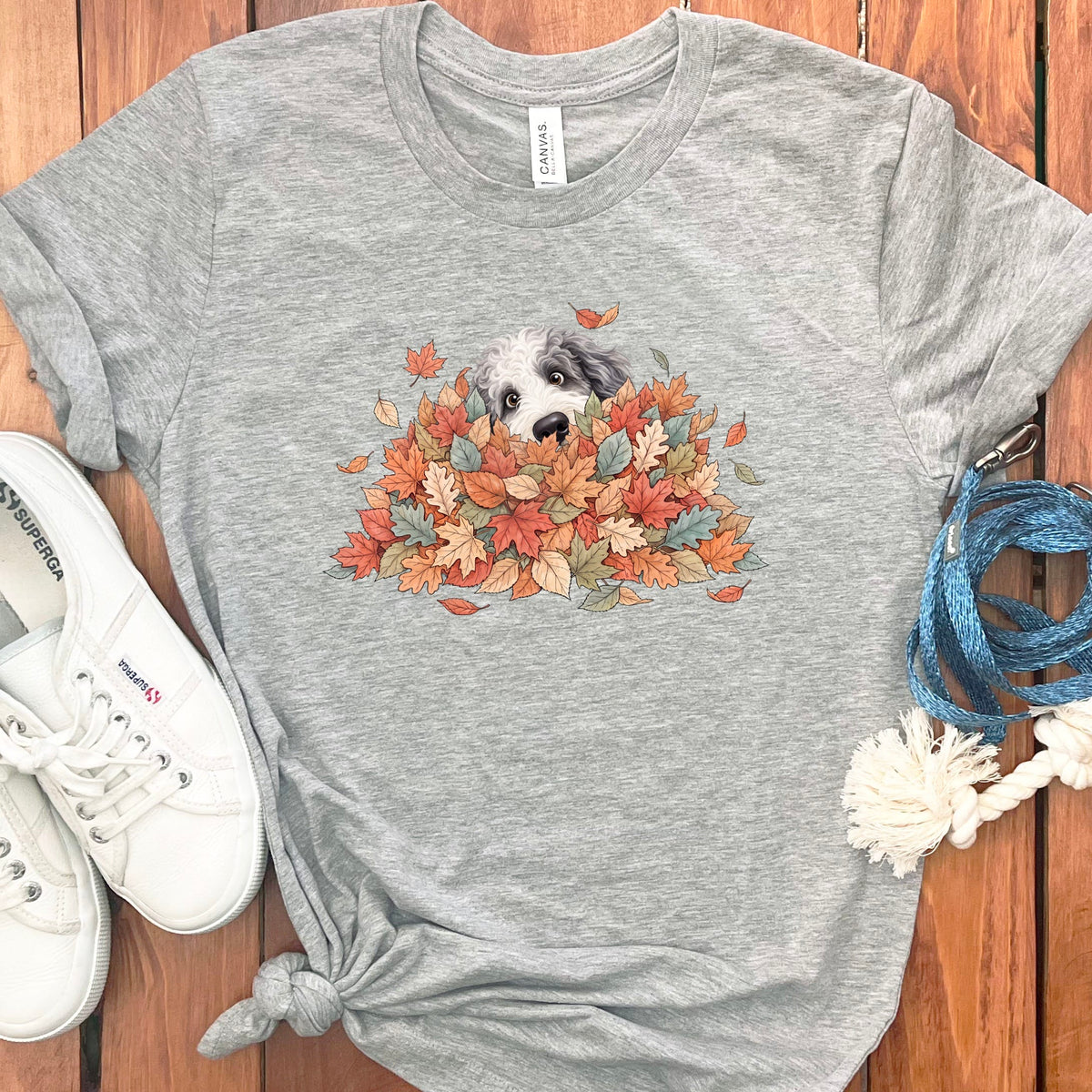 Sheepadoodle Peeking Leaf Pile T-Shirt in Athletic Heather / S by Puppy Jo