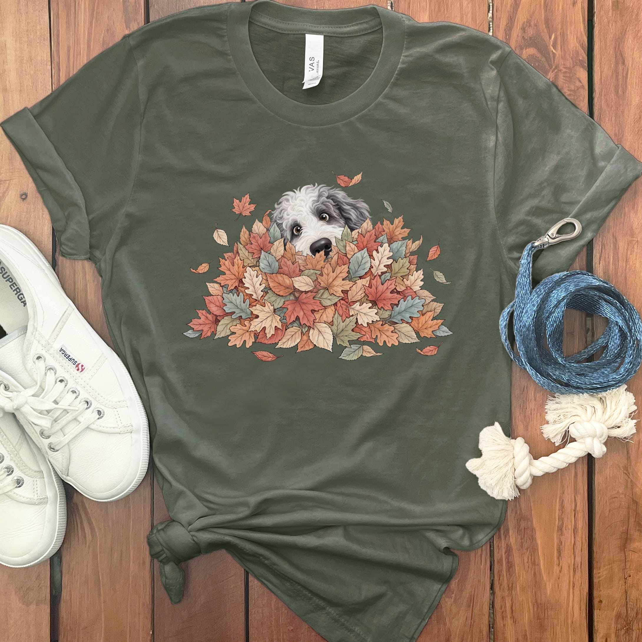Sheepadoodle Peeking Leaf Pile T-Shirt in Military Green / S by Puppy Jo