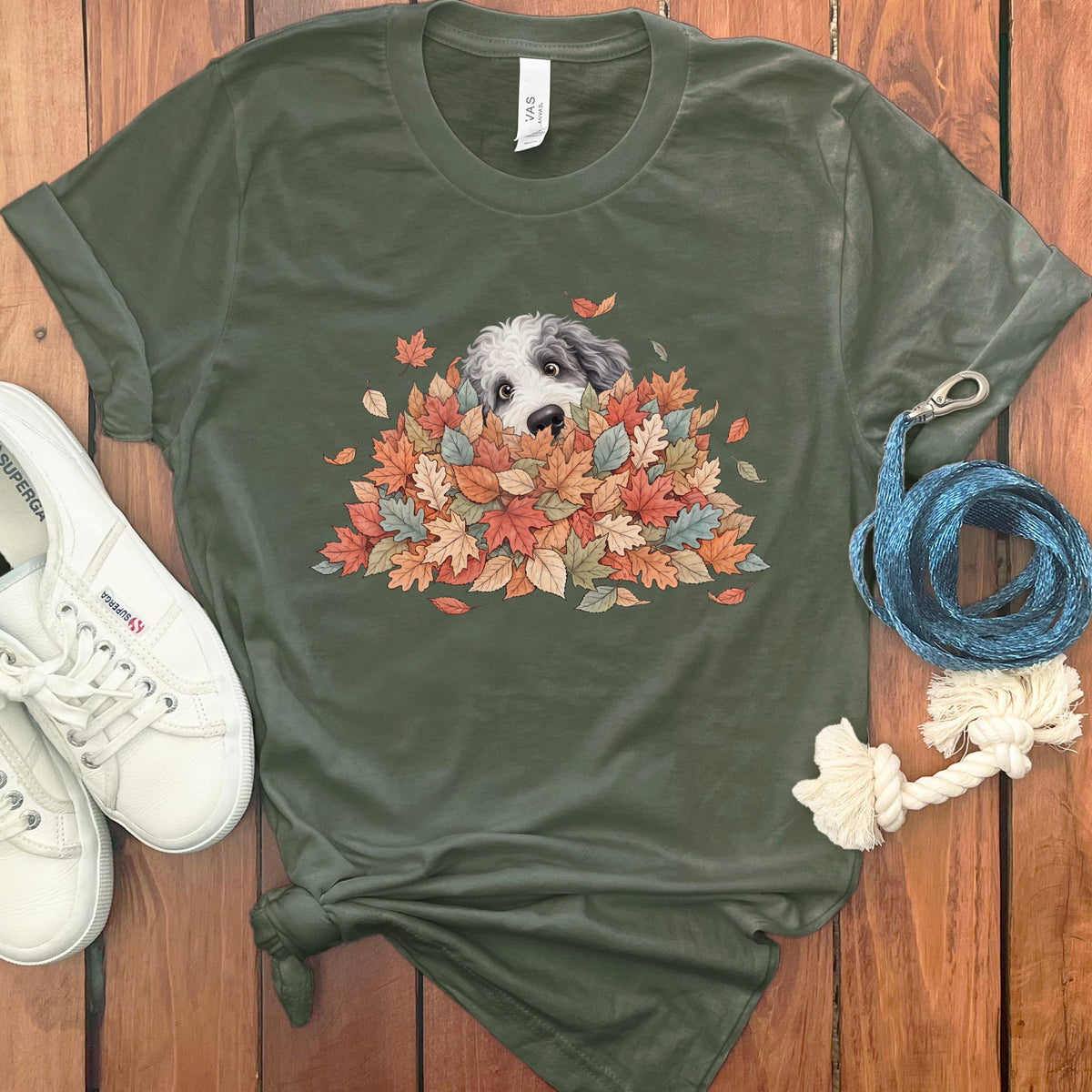 Sheepadoodle Peeking Leaf Pile T-Shirt in Military Green / S by Puppy Jo