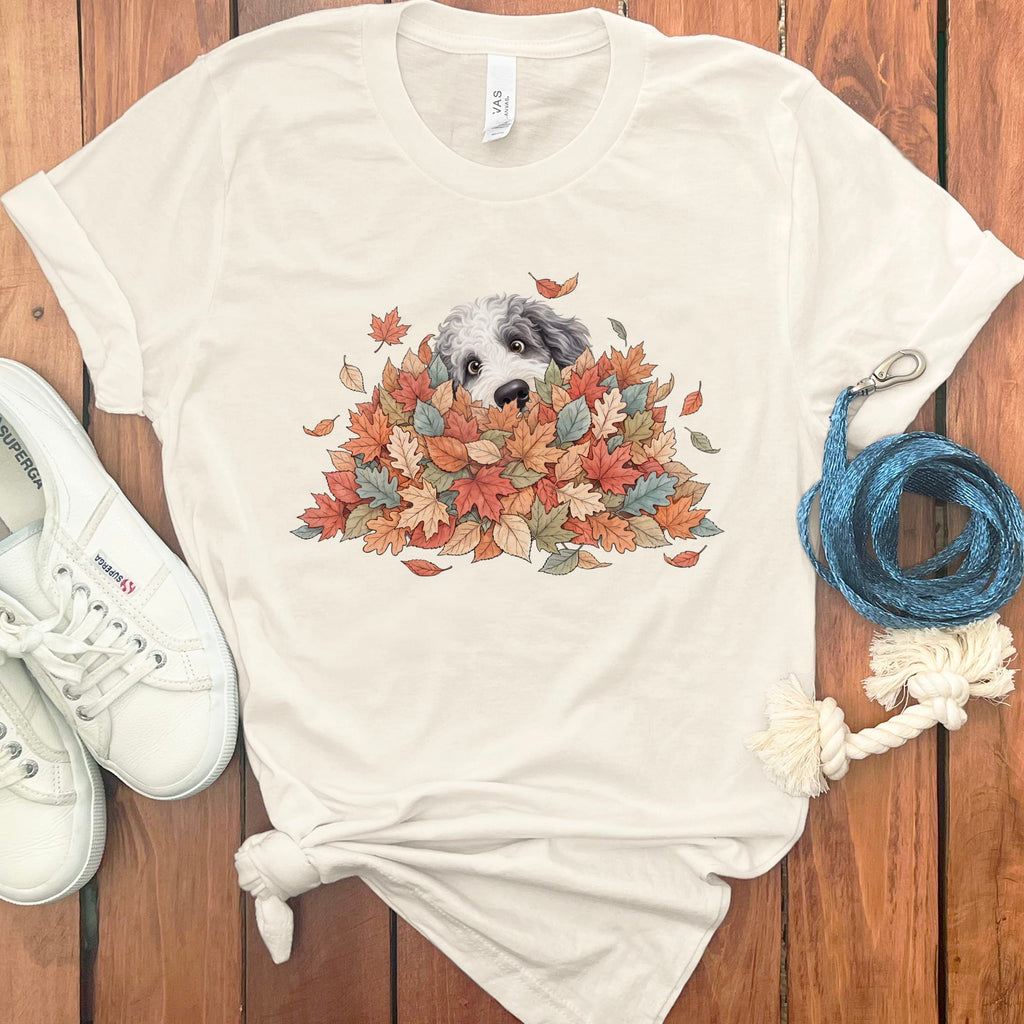 Sheepadoodle Peeking Leaf Pile T-Shirt in Natural / S by Puppy Jo