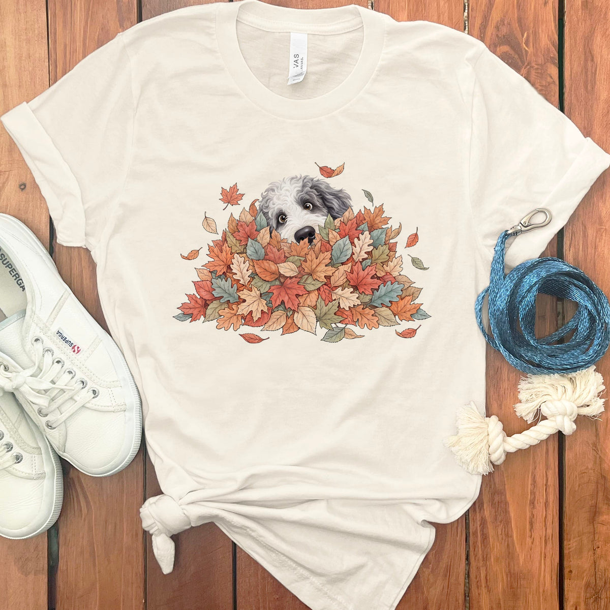 Sheepadoodle Peeking Leaf Pile T-Shirt in Natural / S by Puppy Jo