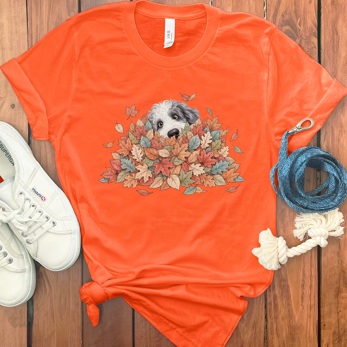 Sheepadoodle Peeking Leaf Pile T-Shirt in Orange / S by Puppy Jo