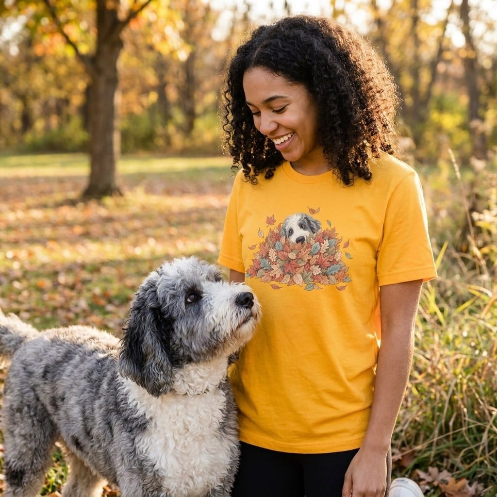 Sheepadoodle Peeking Leaf Pile T-Shirt in by Puppy Jo