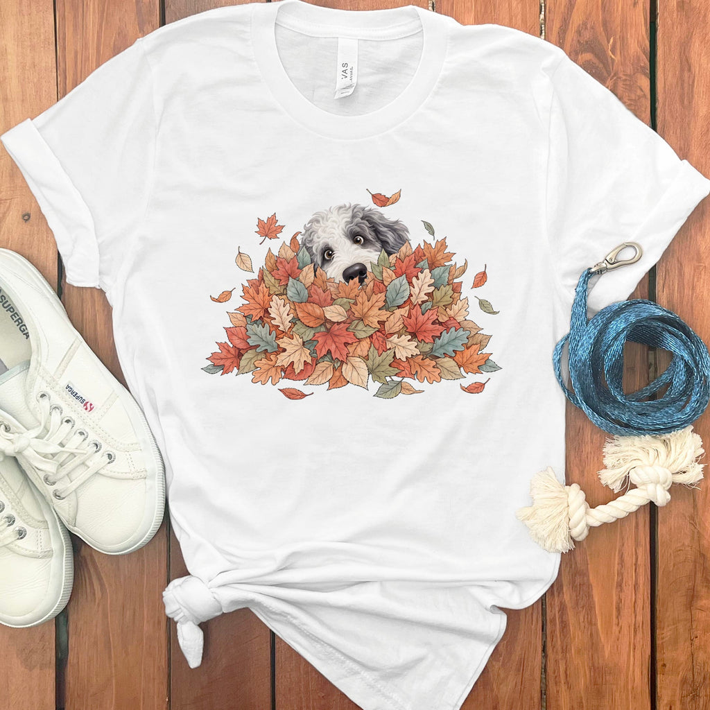 Sheepadoodle Peeking Leaf Pile T-Shirt in White / S by Puppy Jo