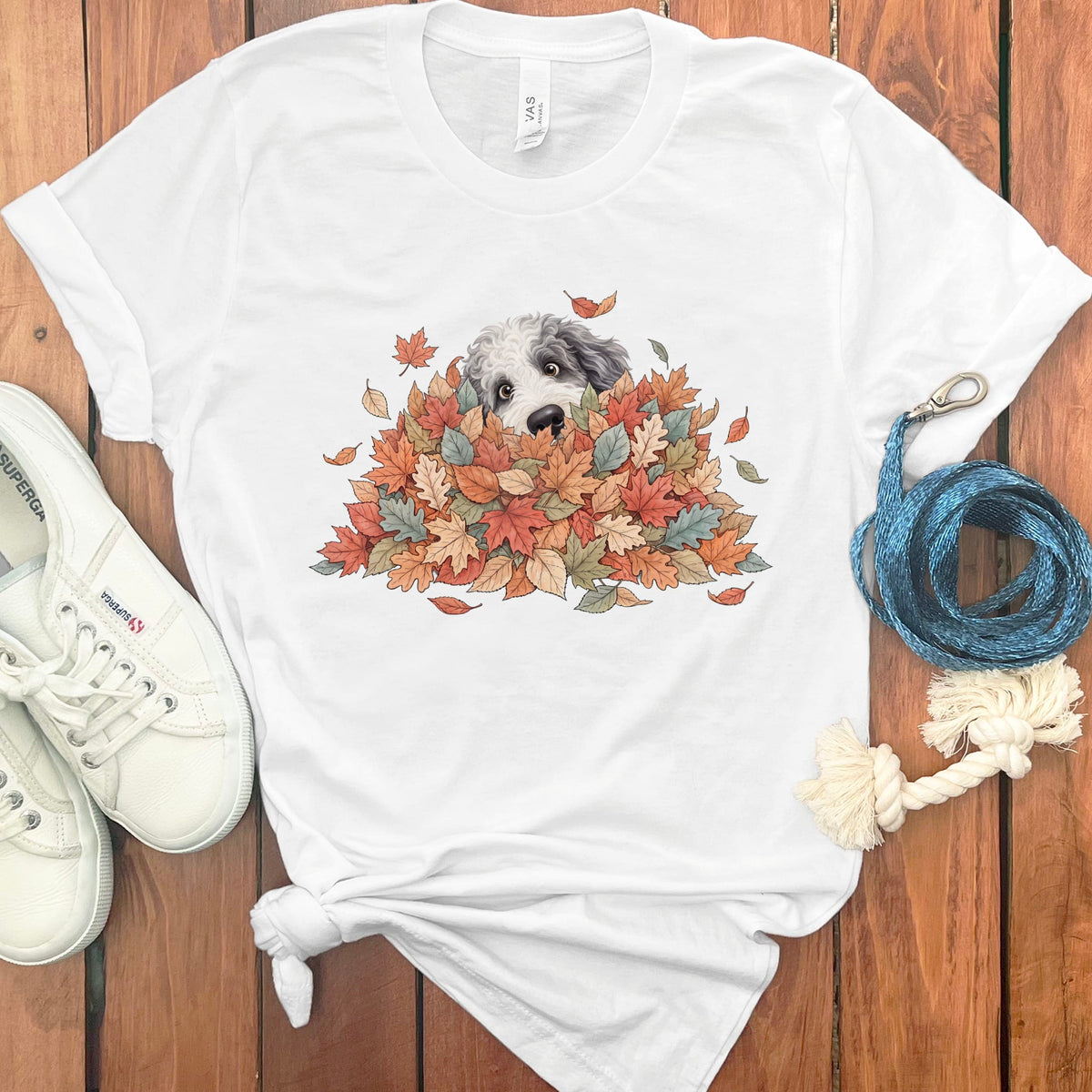 Sheepadoodle Peeking Leaf Pile T-Shirt in White / S by Puppy Jo