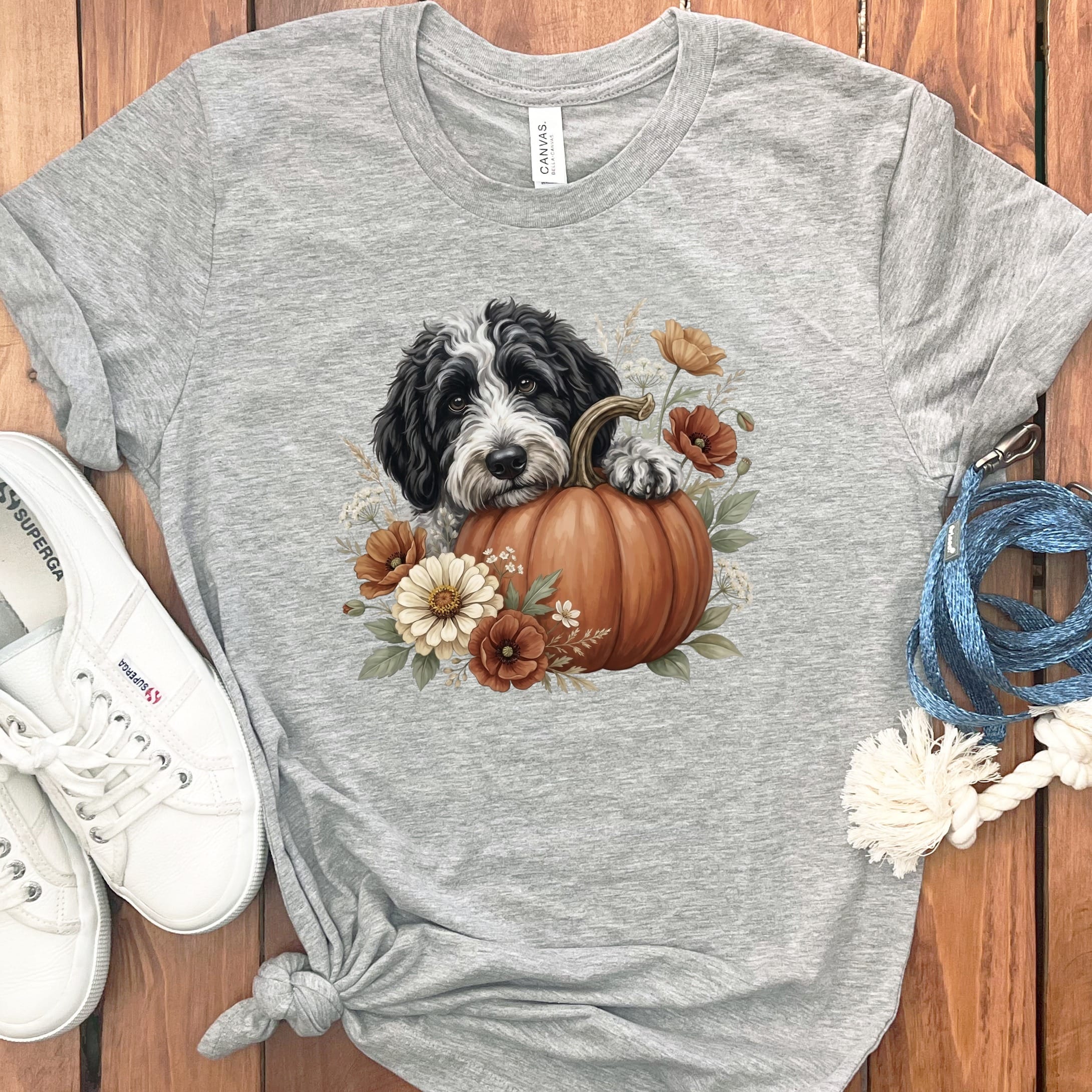 Sheepadoodle Pumpkin Hug T-Shirt in Athletic Heather / S by Puppy Jo