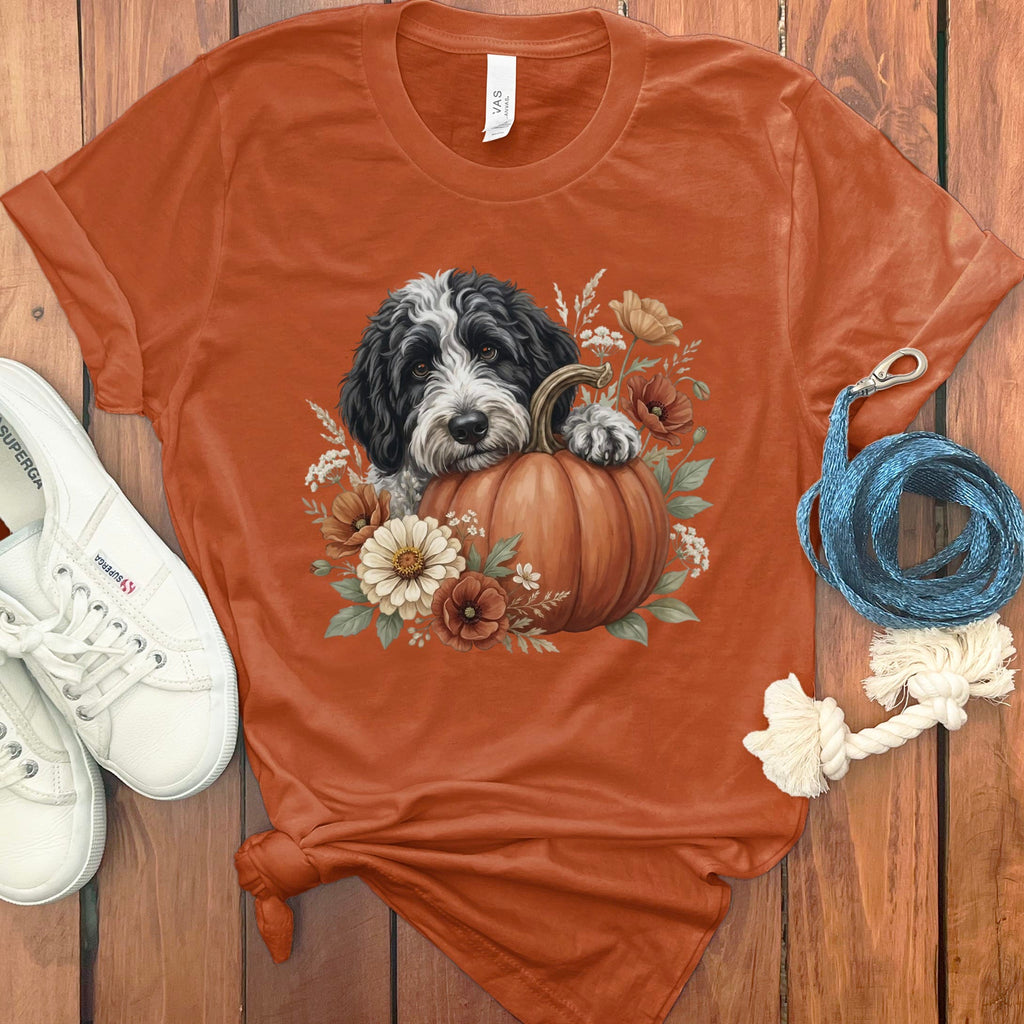 Sheepadoodle Pumpkin Hug T-Shirt in Autumn / S by Puppy Jo