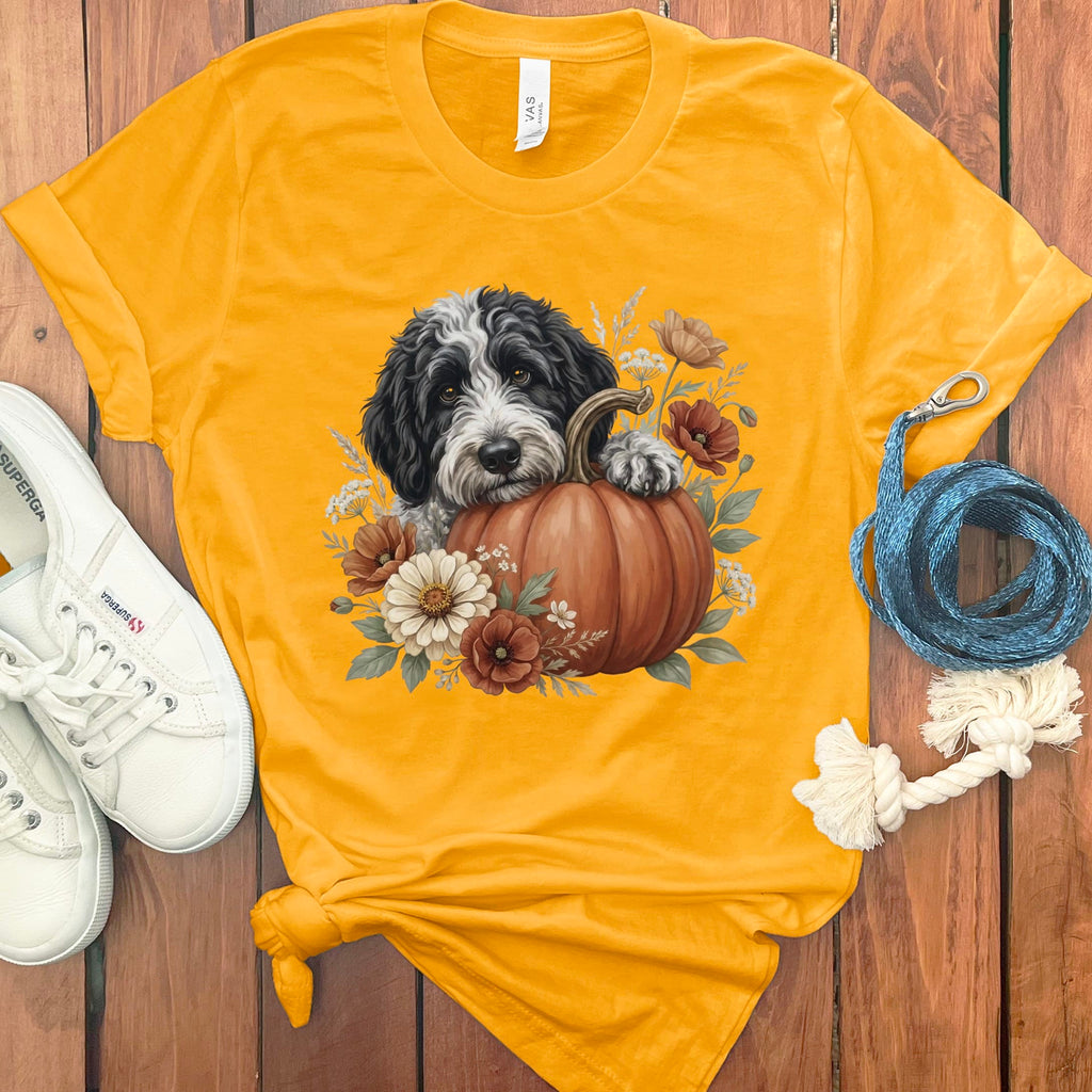 Sheepadoodle Pumpkin Hug T-Shirt in Gold / S by Puppy Jo