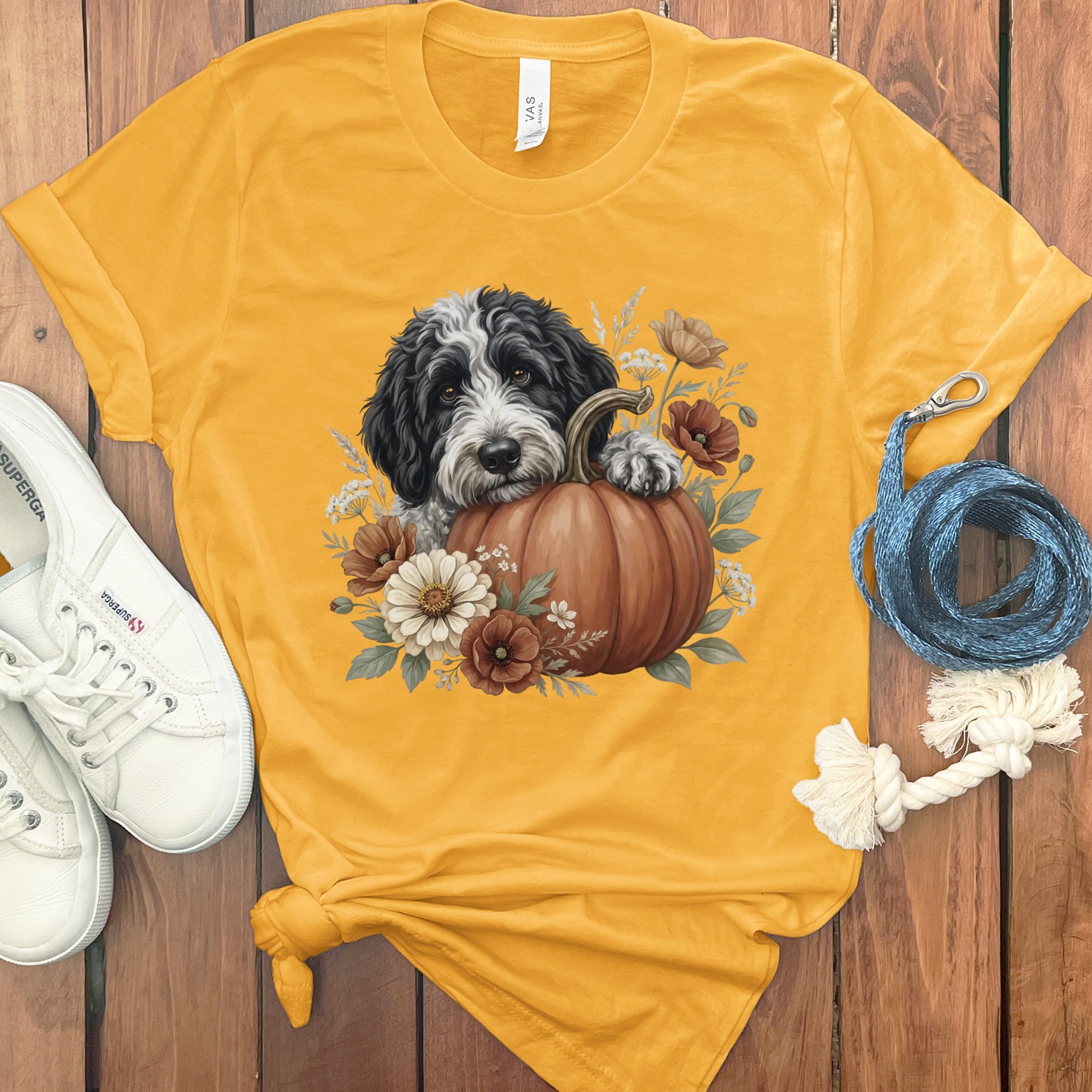 Sheepadoodle Pumpkin Hug T-Shirt in Gold / S by Puppy Jo