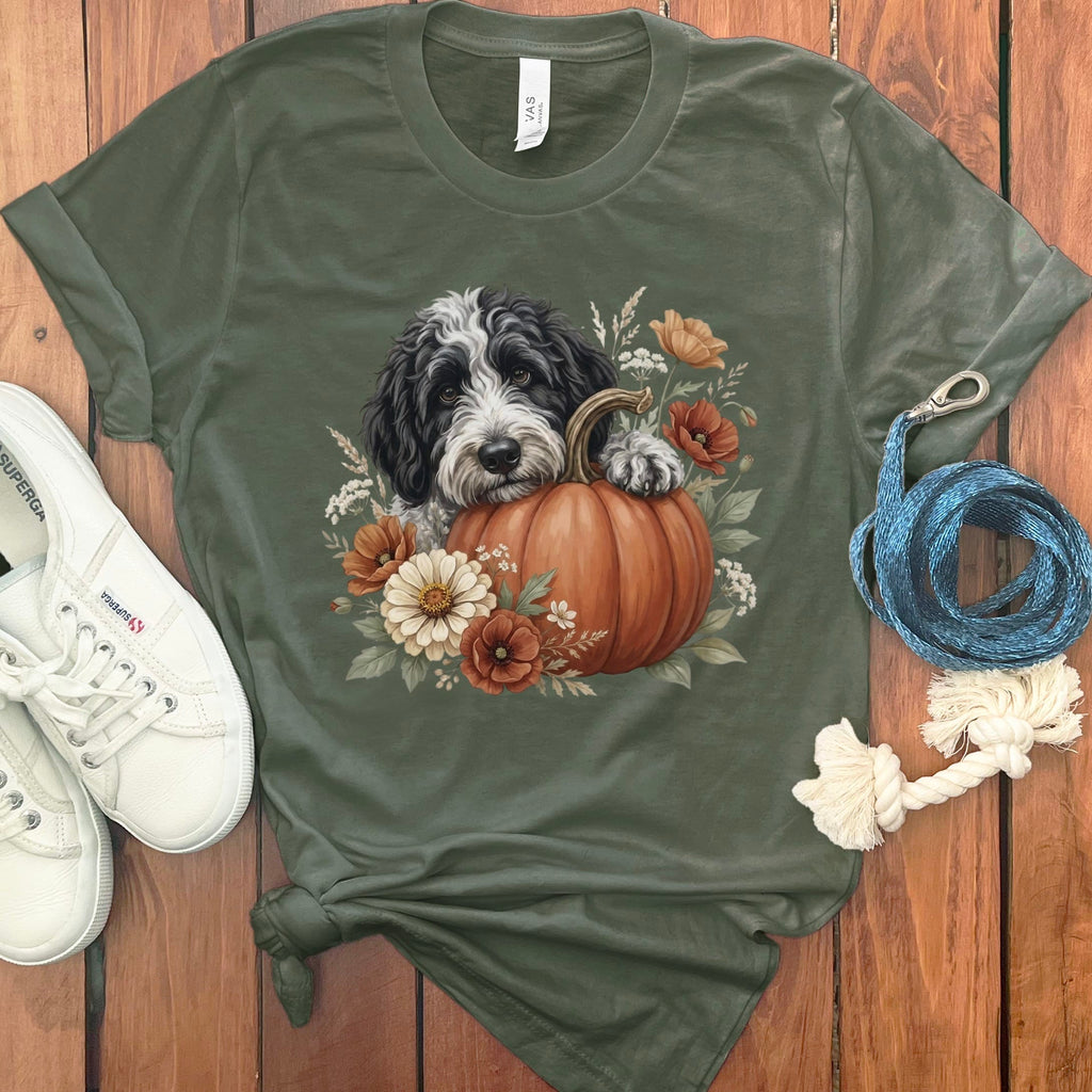 Sheepadoodle Pumpkin Hug T-Shirt in Military Green / S by Puppy Jo