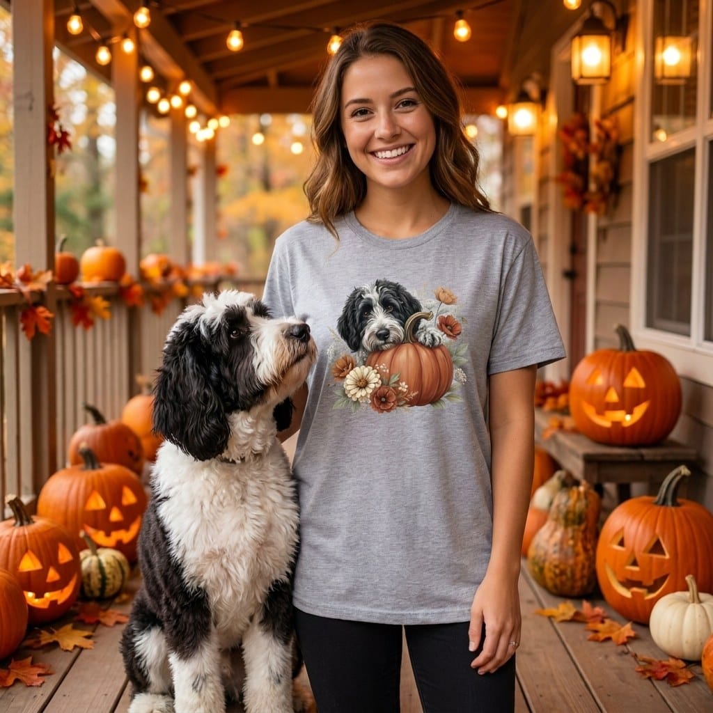 Sheepadoodle Pumpkin Hug T-Shirt in by Puppy Jo