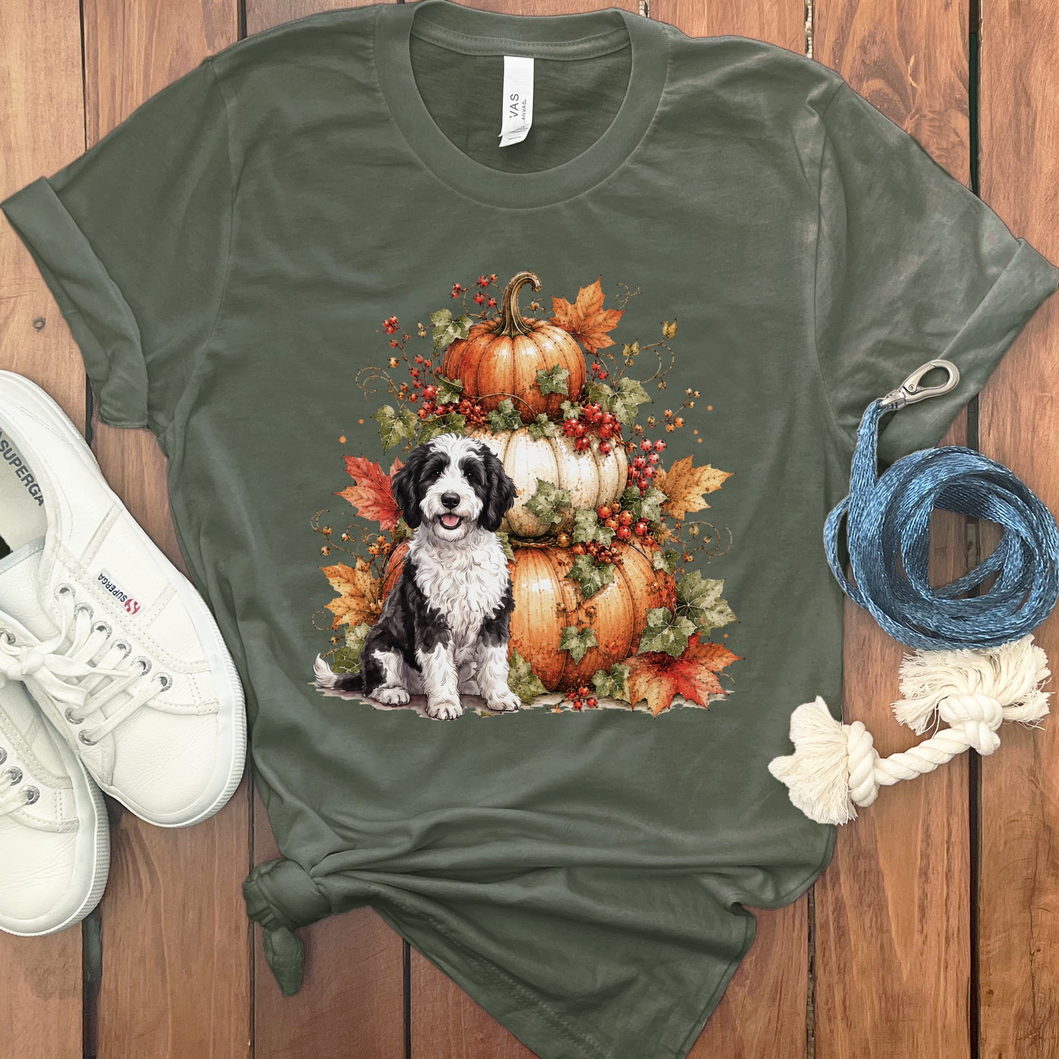 Sheepadoodle Pumpkin Ivy T-Shirt in Military Green / S by Puppy Jo