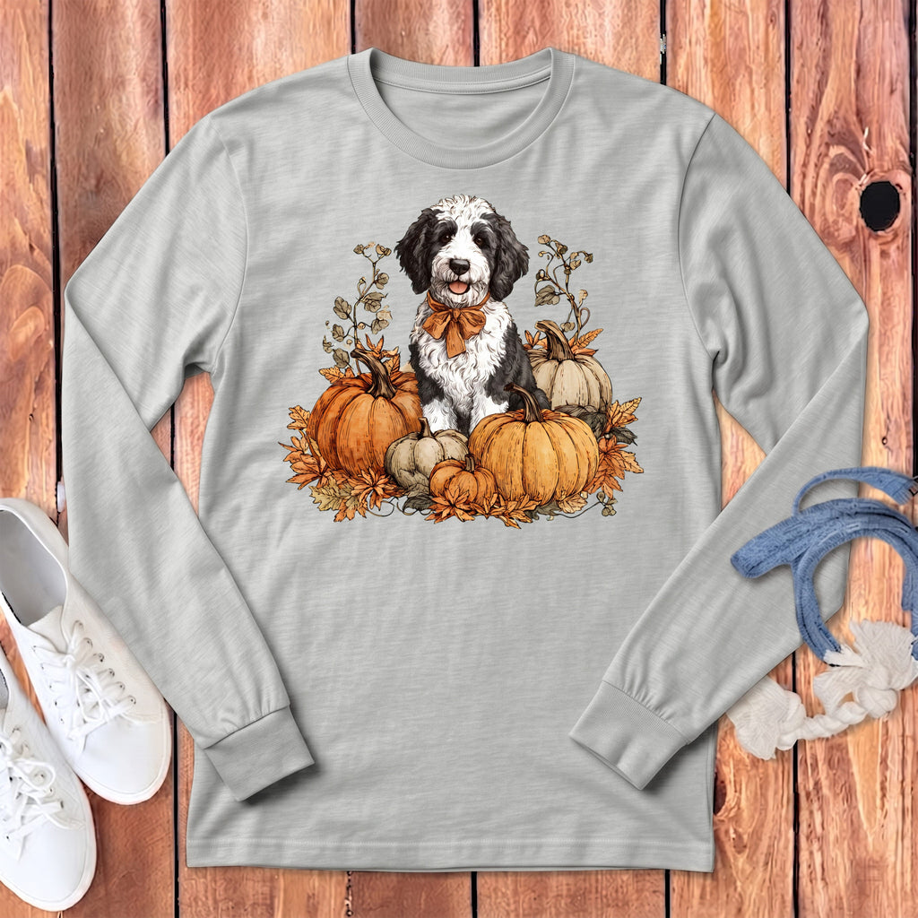 Sheepadoodle Pumpkin Time Long Sleeve T-Shirt in Athletic Heather / S by Puppy Jo