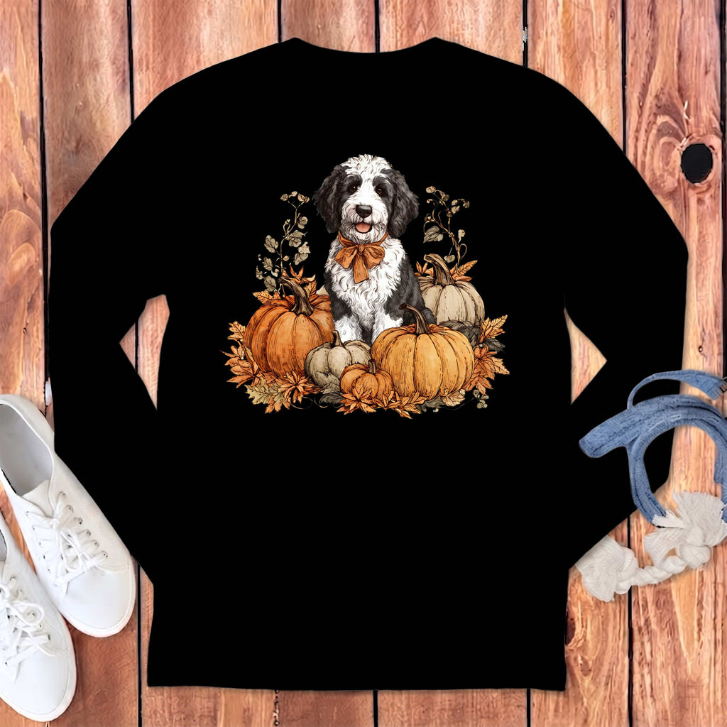 Sheepadoodle Pumpkin Time Long Sleeve T-Shirt in Black / S by Puppy Jo