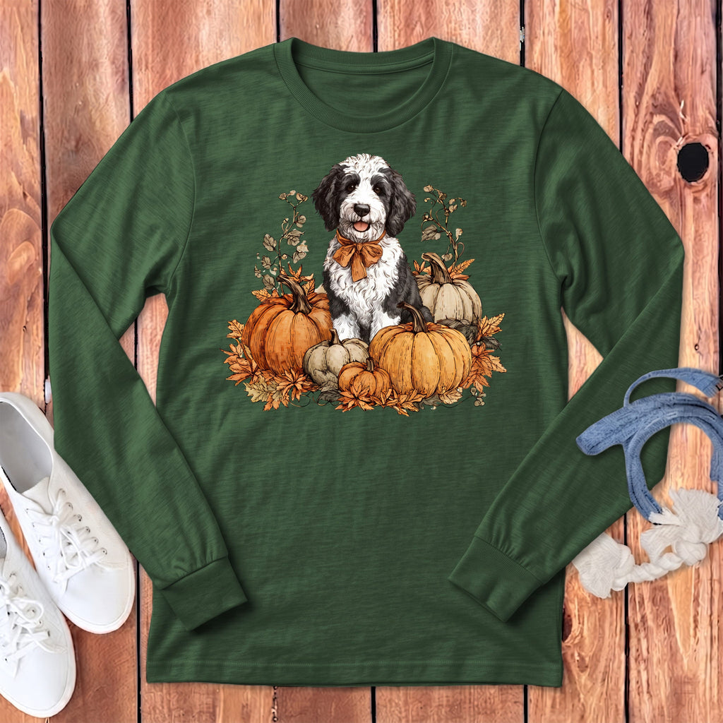 Sheepadoodle Pumpkin Time Long Sleeve T-Shirt in Heather Forest / S by Puppy Jo
