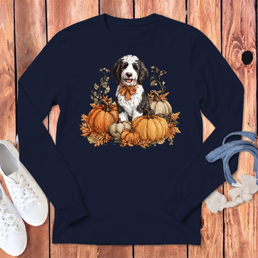 Sheepadoodle Pumpkin Time Long Sleeve T-Shirt in Navy / S by Puppy Jo