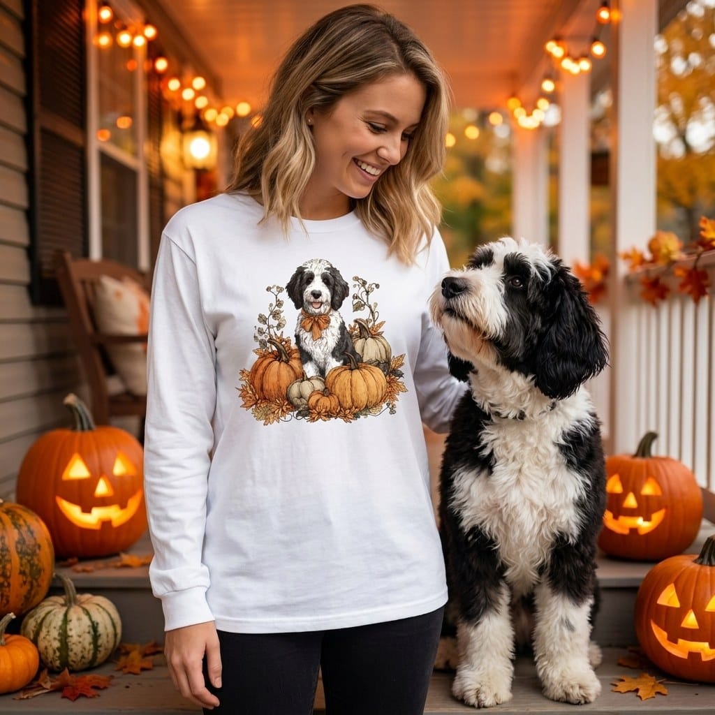 Sheepadoodle Pumpkin Time Long Sleeve T-Shirt in by Puppy Jo