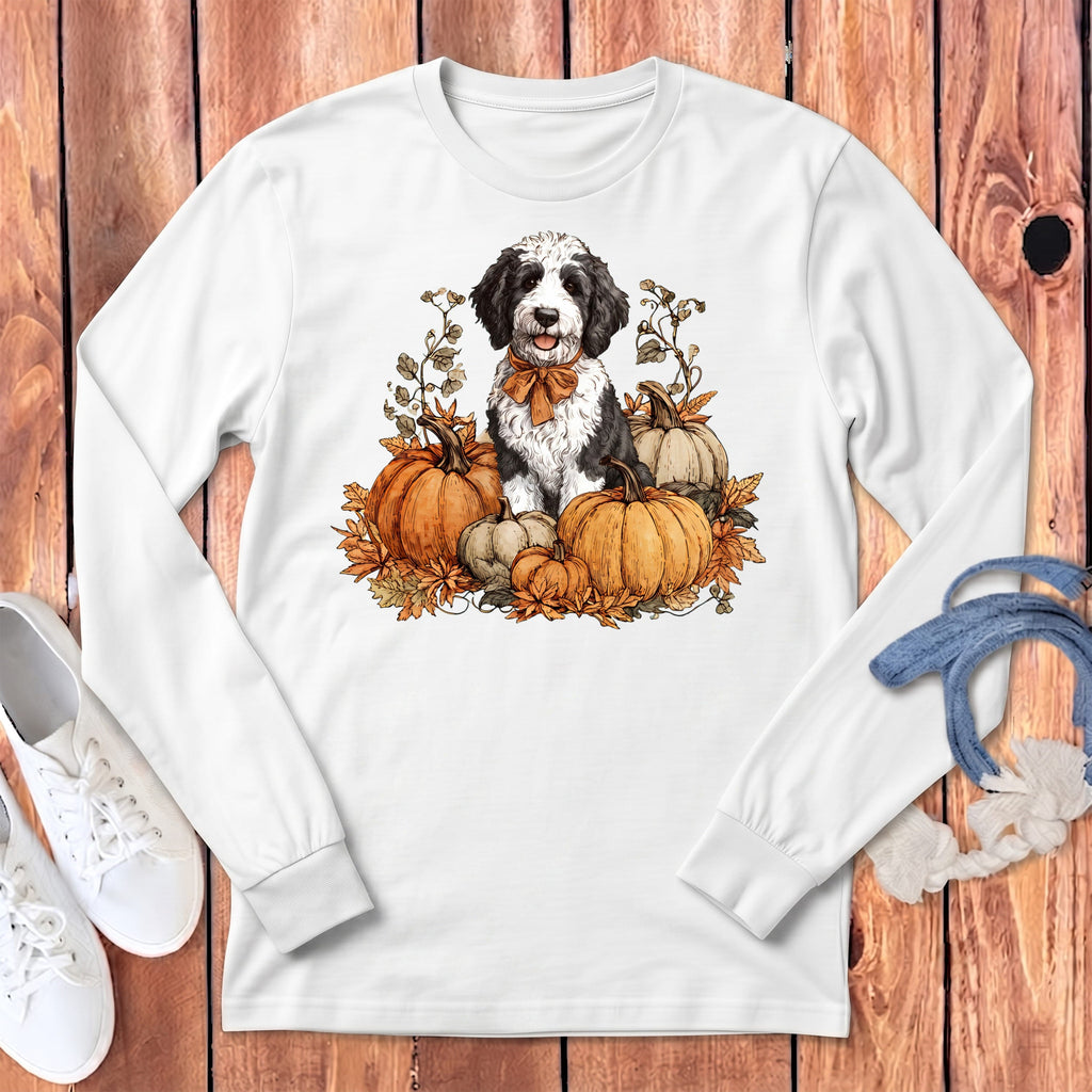 Sheepadoodle Pumpkin Time Long Sleeve T-Shirt in White / S by Puppy Jo