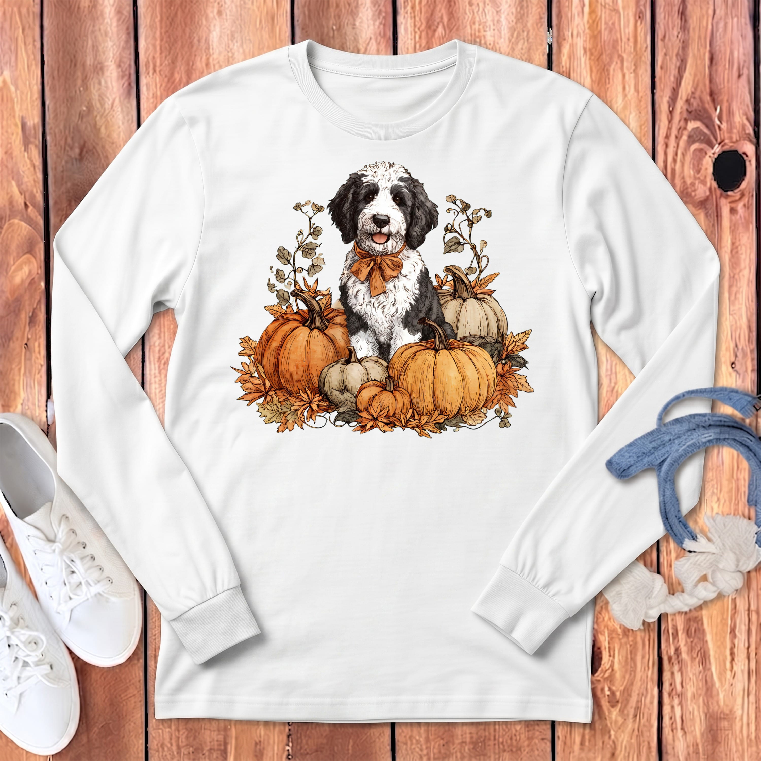 Sheepadoodle Pumpkin Time Long Sleeve T-Shirt in White / S by Puppy Jo