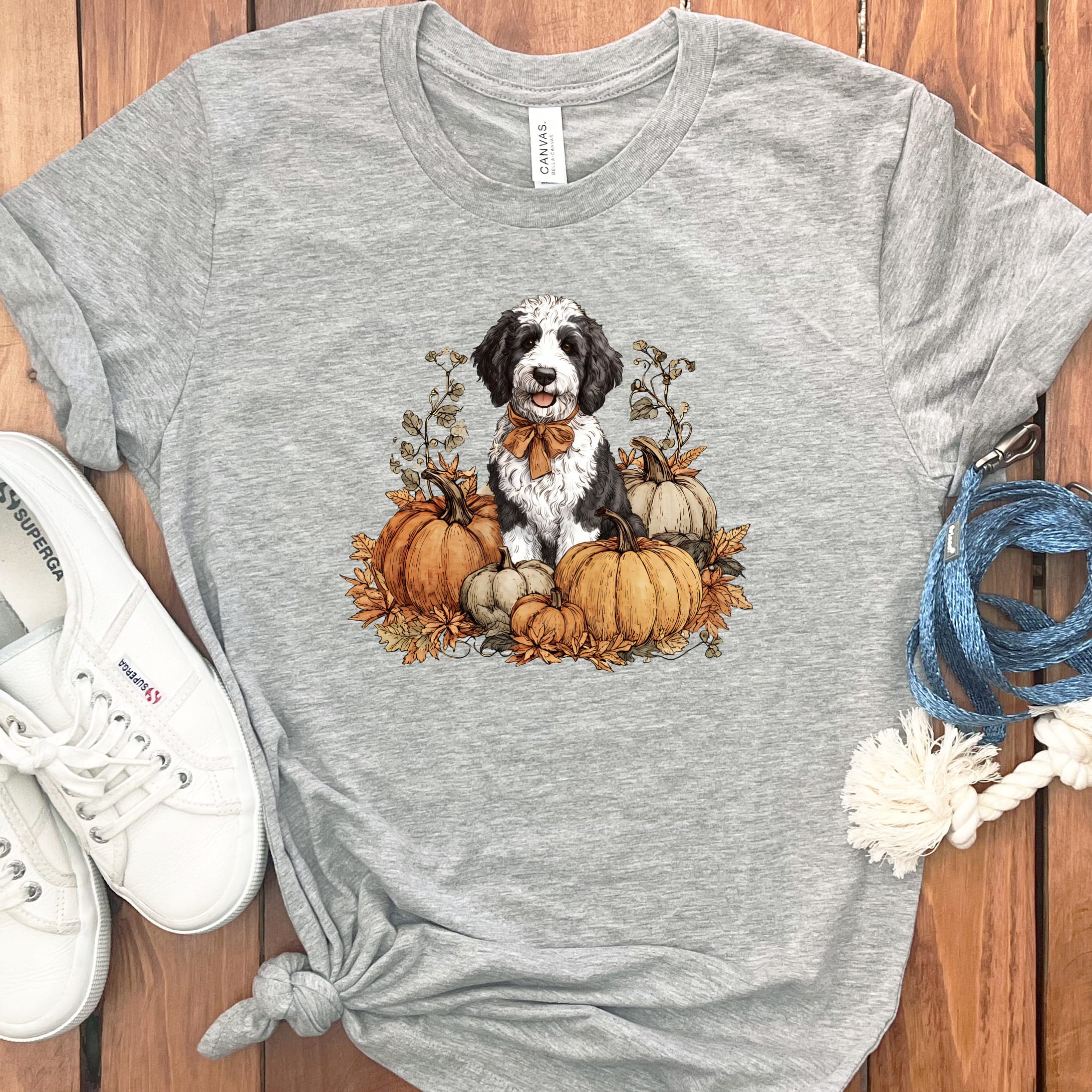 Sheepadoodle Pumpkin Time T-Shirt in Athletic Heather / S by Puppy Jo