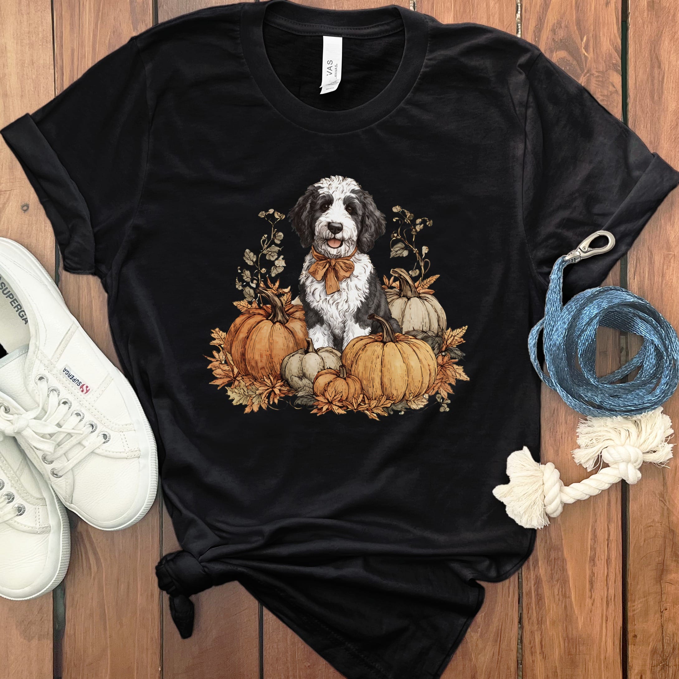 Sheepadoodle Pumpkin Time T-Shirt in Black / S by Puppy Jo