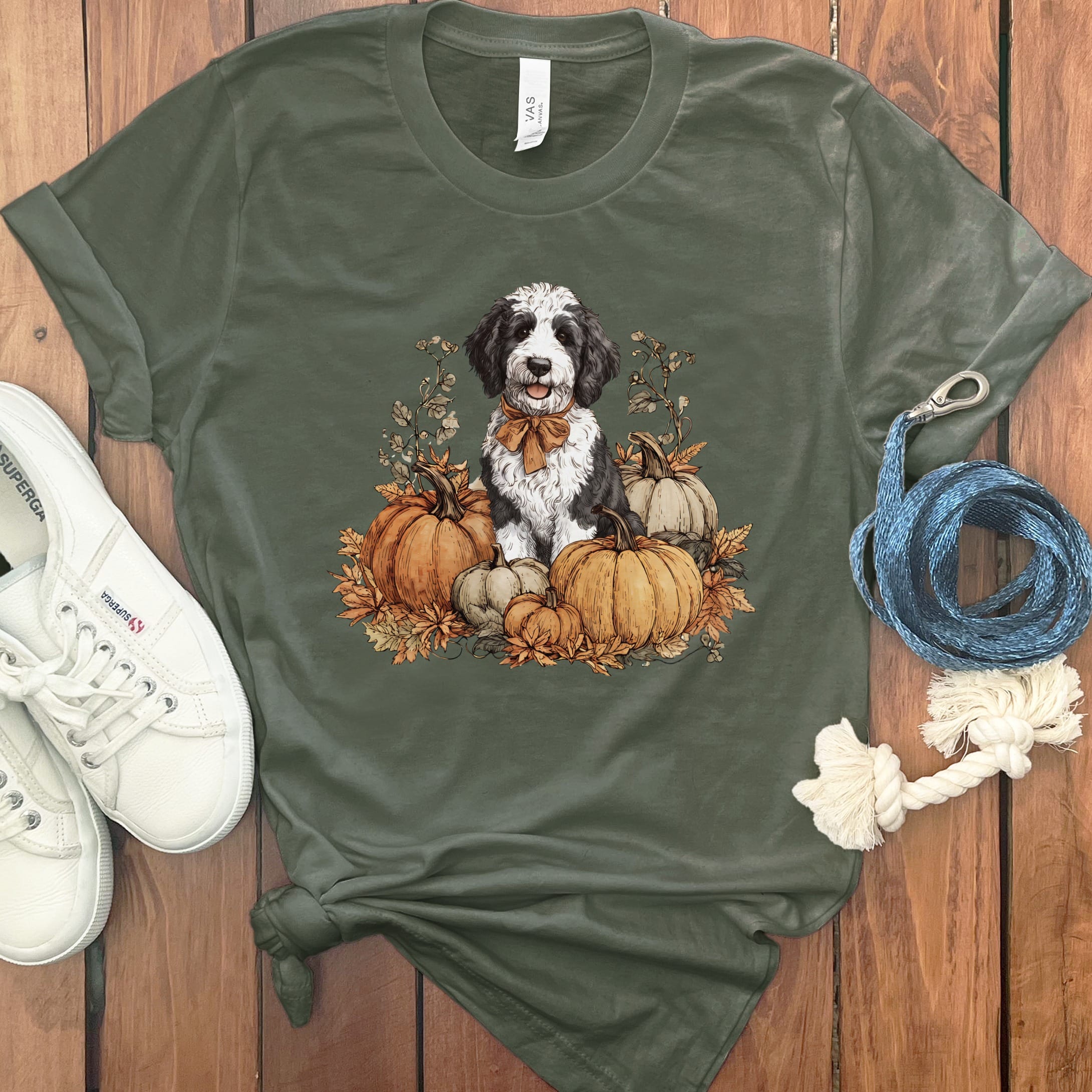 Sheepadoodle Pumpkin Time T-Shirt in Military Green / S by Puppy Jo
