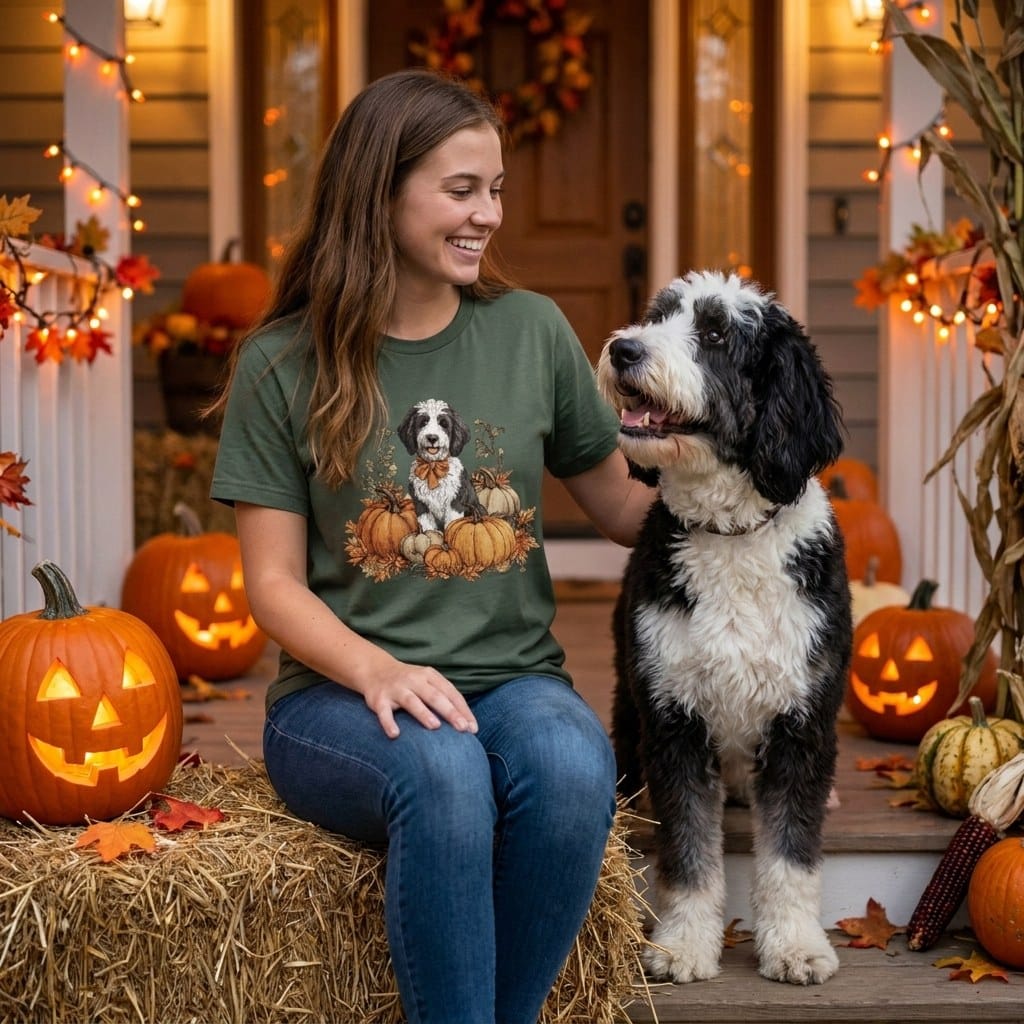 Sheepadoodle Pumpkin Time T-Shirt in by Puppy Jo