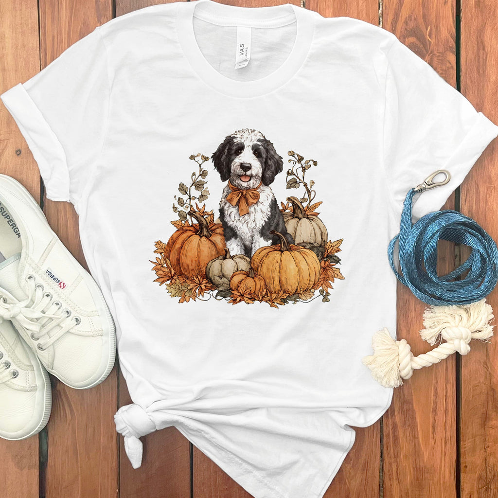 Sheepadoodle Pumpkin Time T-Shirt in White / S by Puppy Jo