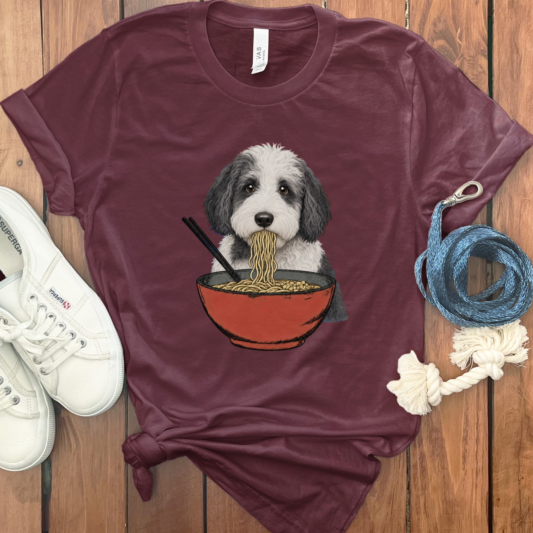 Sheepadoodle Ramen T-Shirt in Maroon / S / - by Puppy Jo