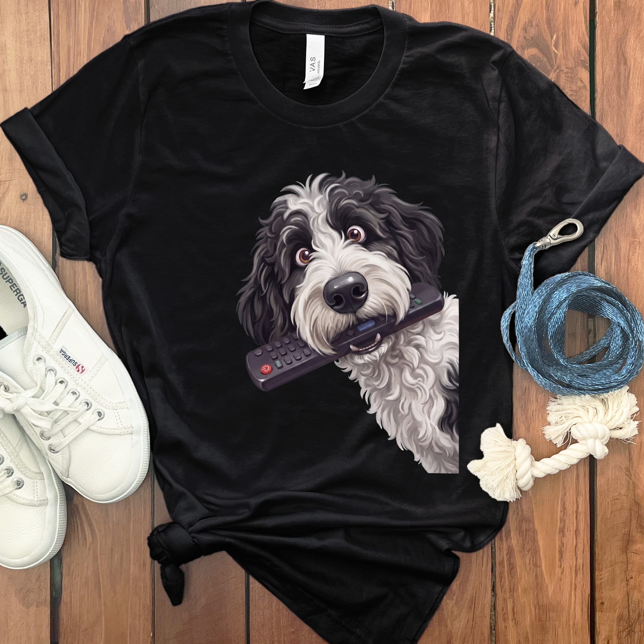 Sheepadoodle Remote T-Shirt in Black / S by Puppy Jo